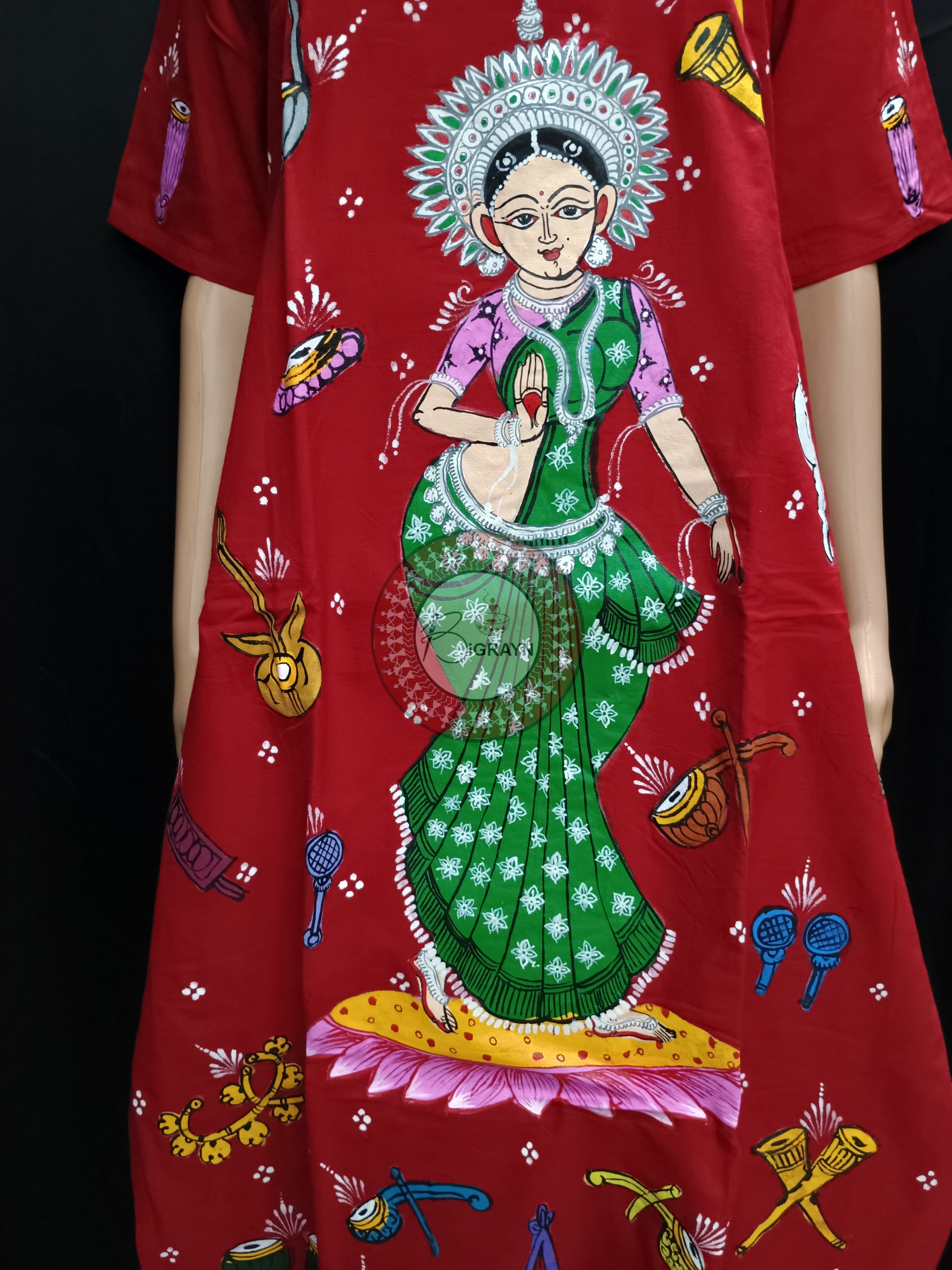 Red Green Dancer And Musical Instrument Theme Hand Painted Pattachitra Kurti