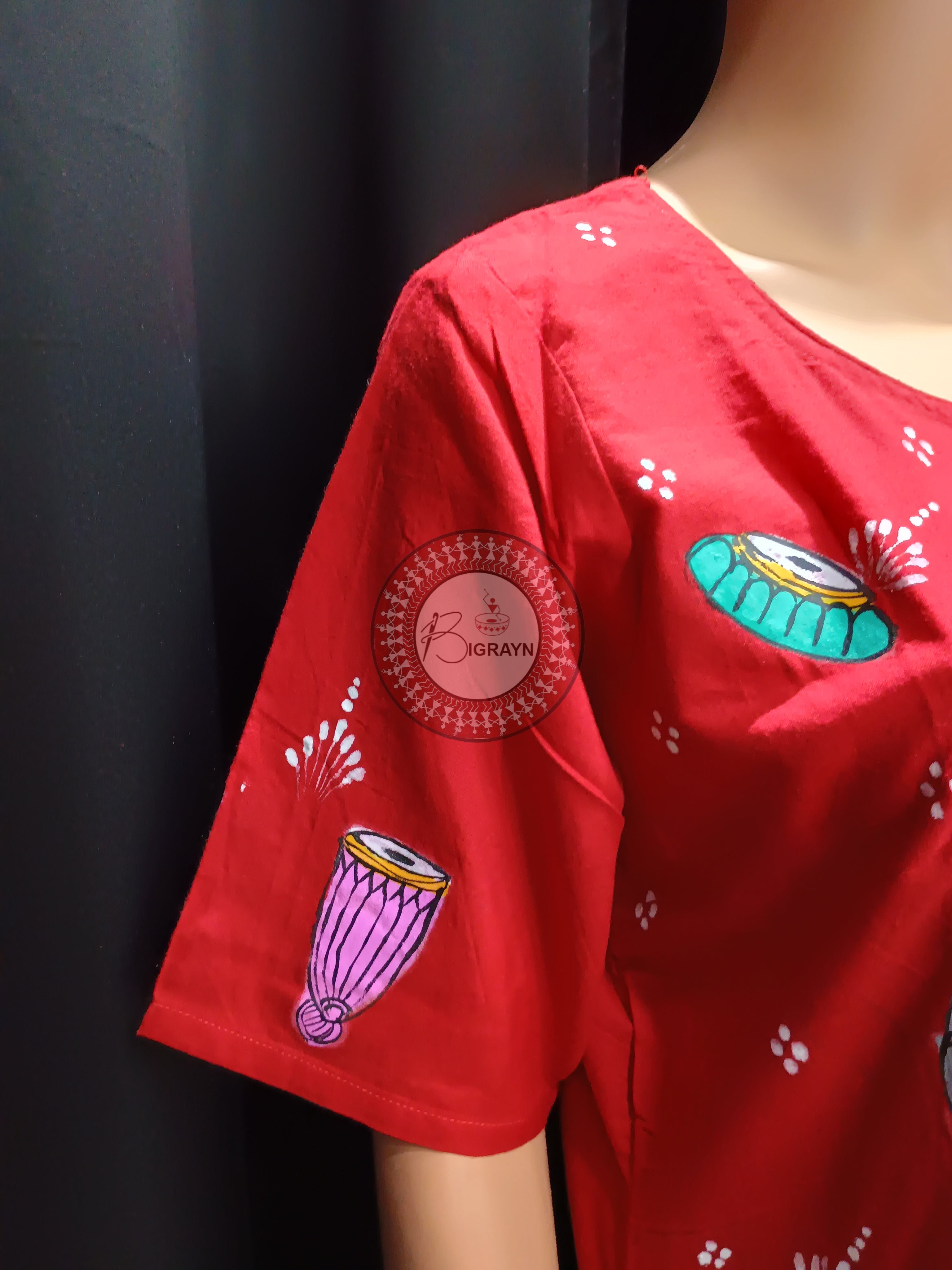 Red Green Dancer And Musical Instrument Theme Hand Painted Pattachitra Kurti