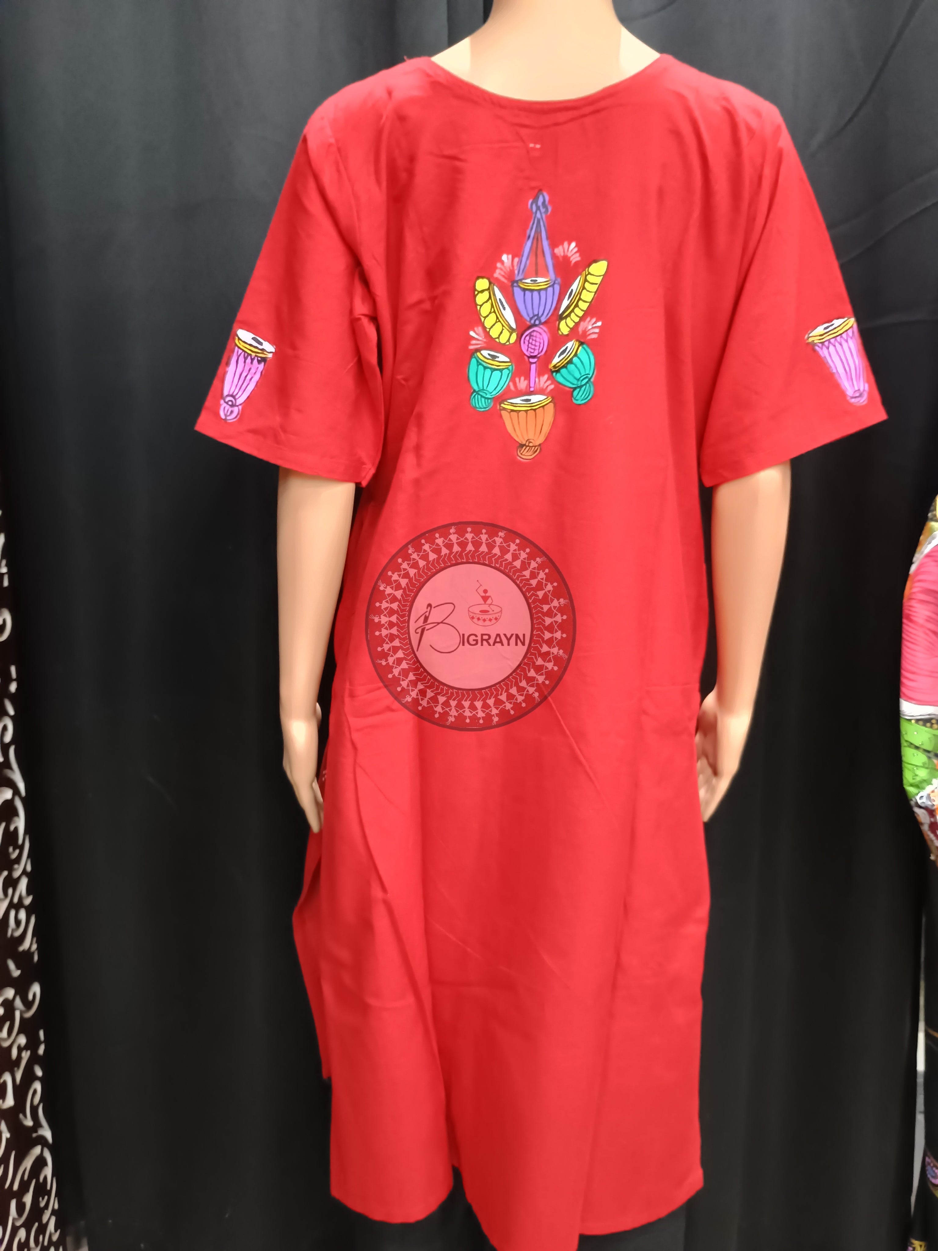 Red Green Dancer And Musical Instrument Theme Hand Painted Pattachitra Kurti