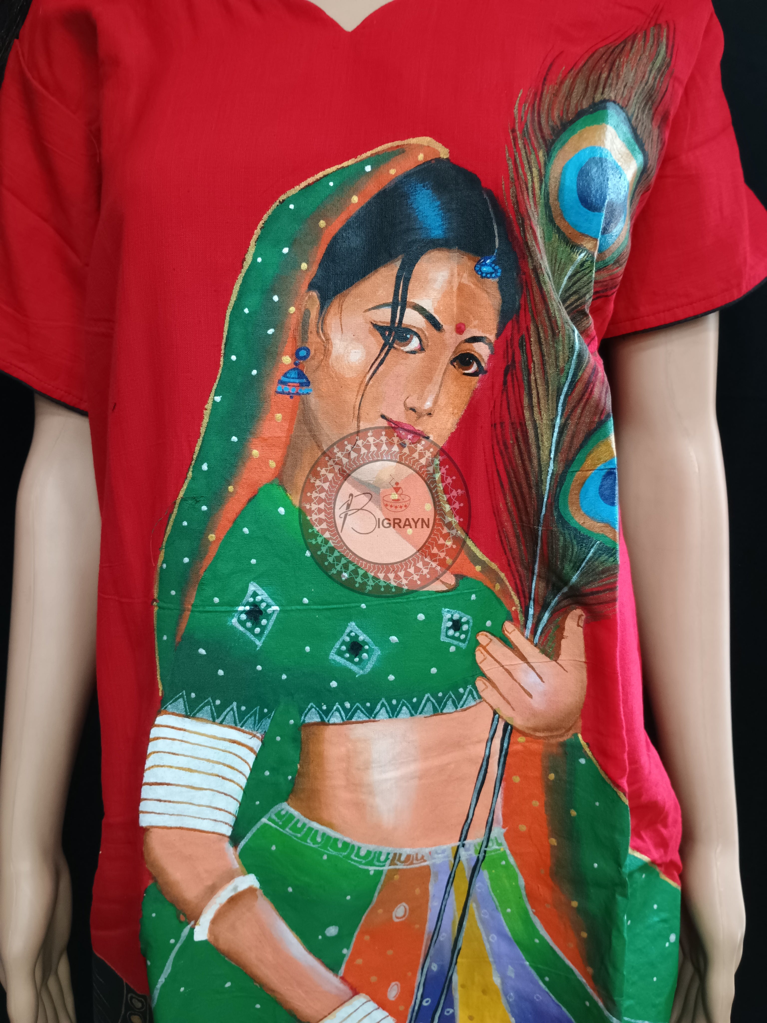 Red Lady With Mayur Chandrika Theme Hand Painted Pattachitra Kurti
