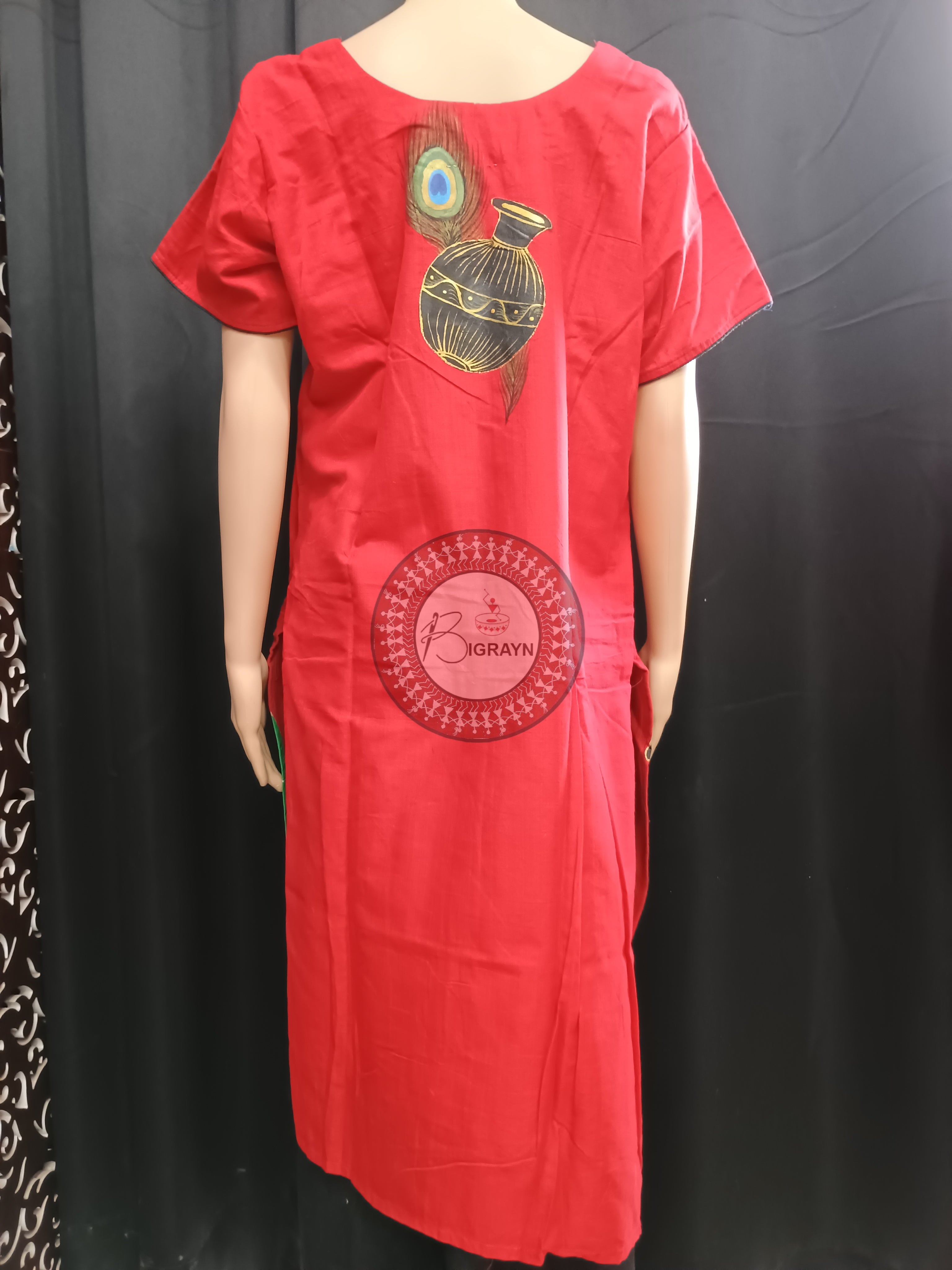 Red Lady With Mayur Chandrika Theme Hand Painted Pattachitra Kurti