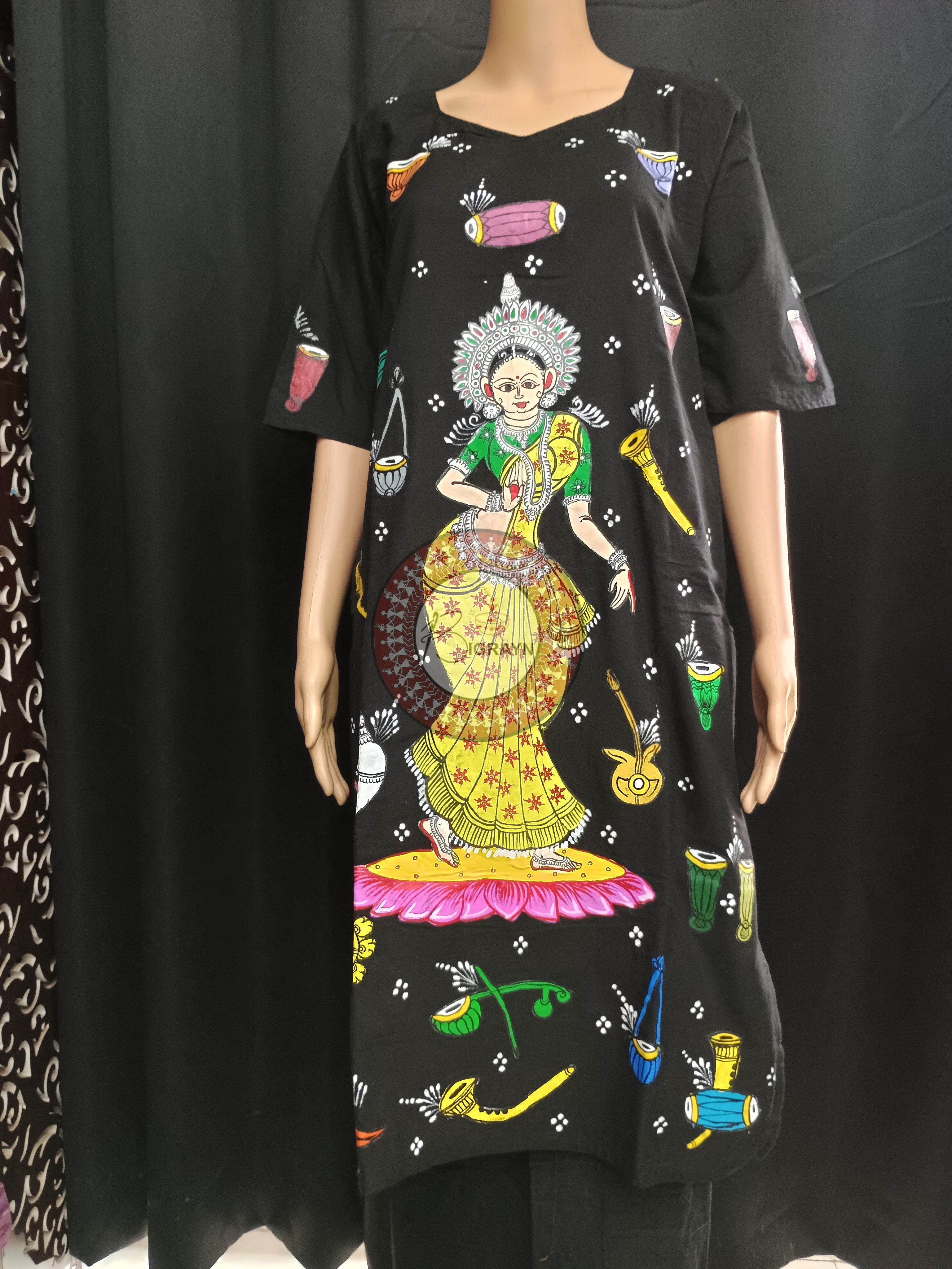 Black Yellow Dancer And Musical Instrument Theme Hand Painted Pattachitra Kurti