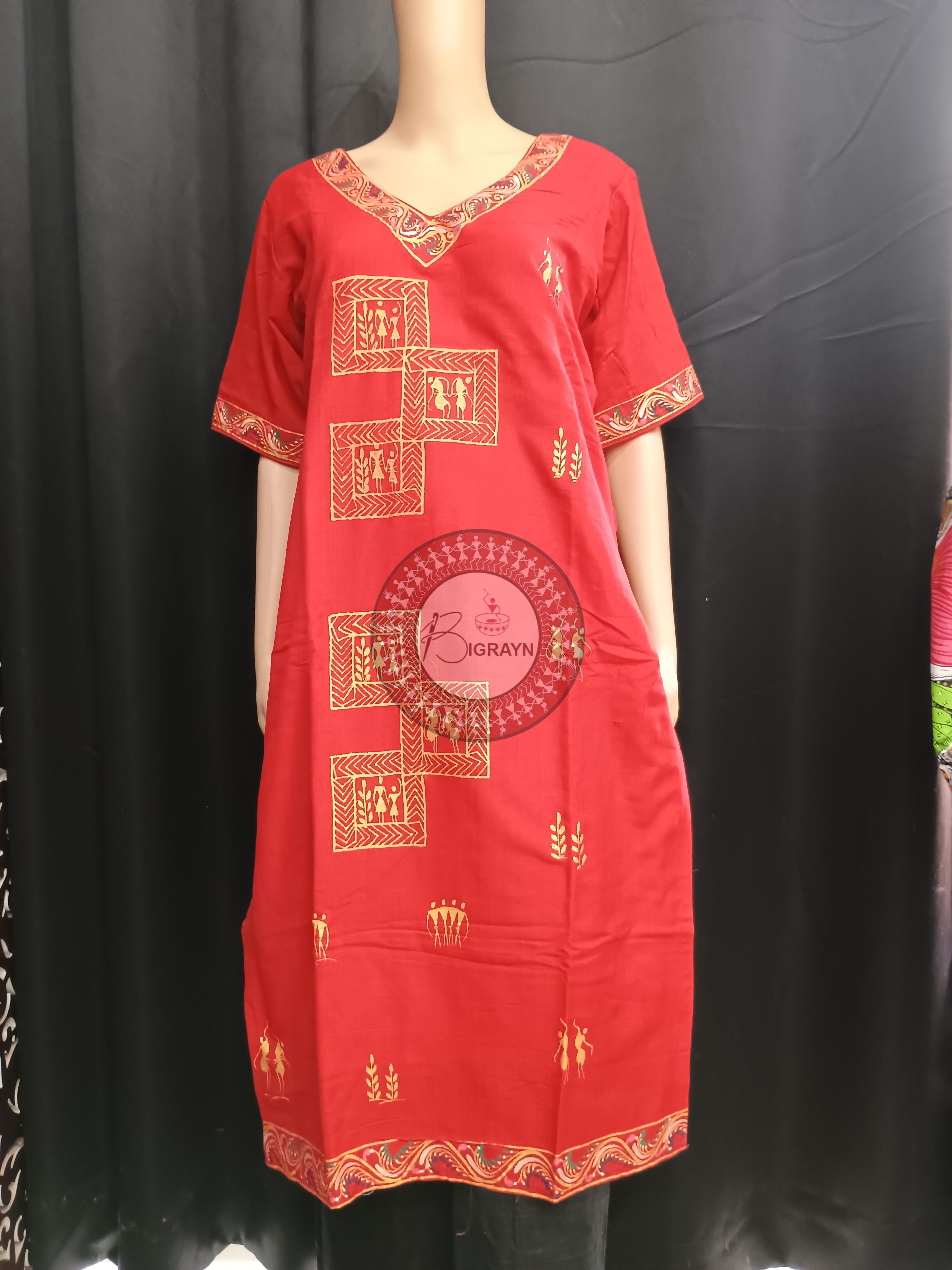 Red Tribal Square Theme Hand Painted Pattachitra Kurti