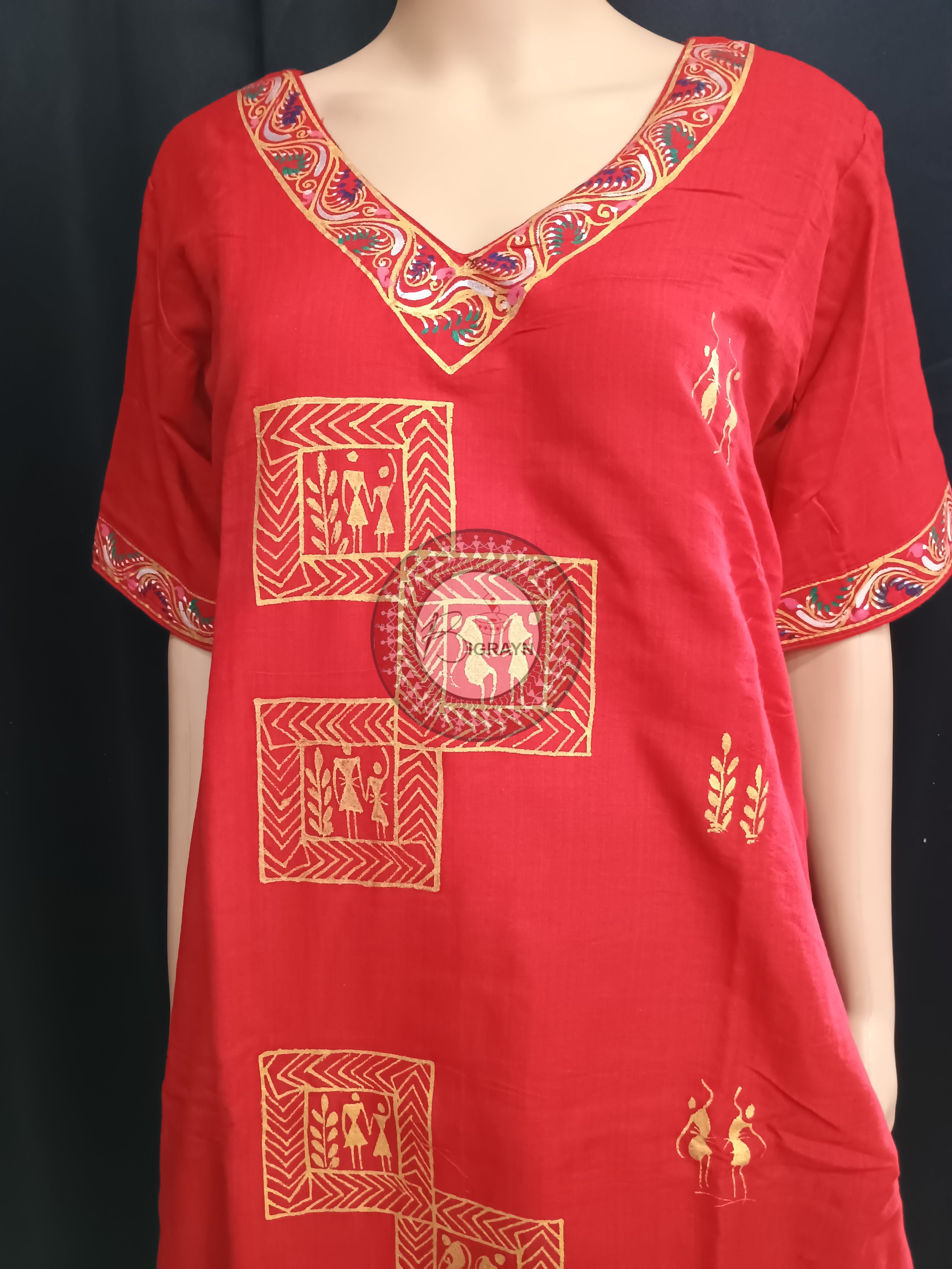 Red Tribal Square Theme Hand Painted Pattachitra Kurti