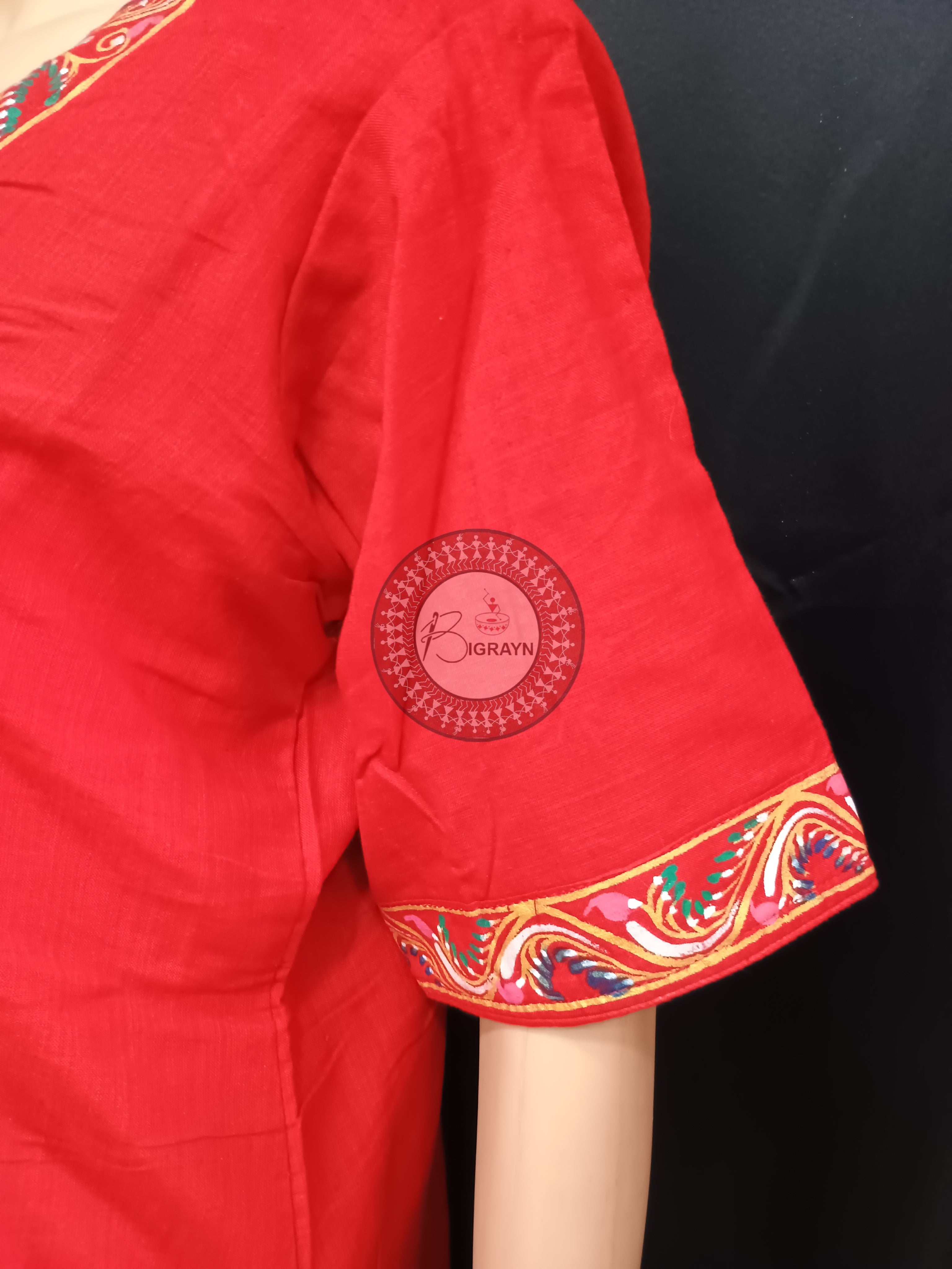 Red Tribal Square Theme Hand Painted Pattachitra Kurti