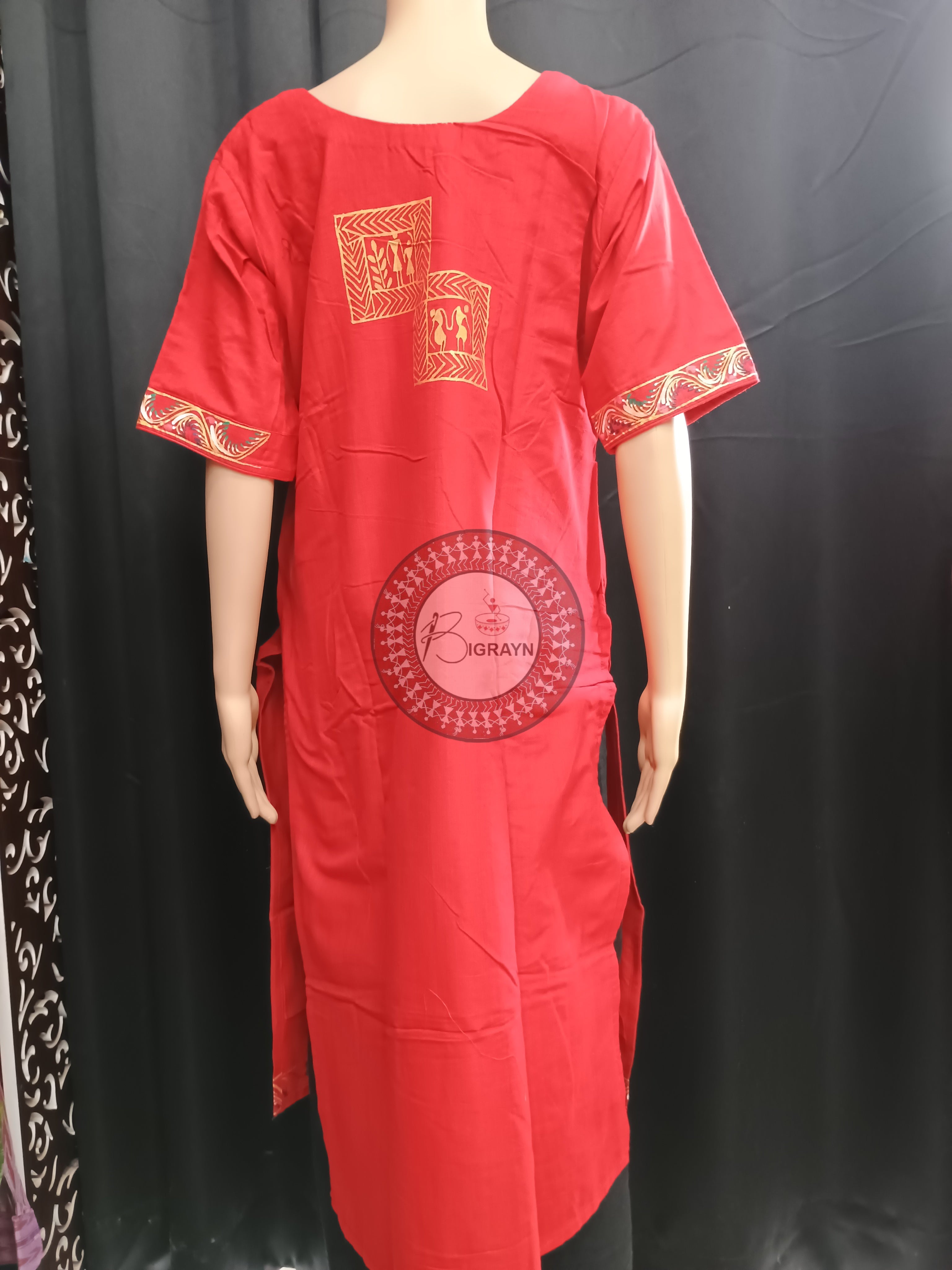 Red Tribal Square Theme Hand Painted Pattachitra Kurti