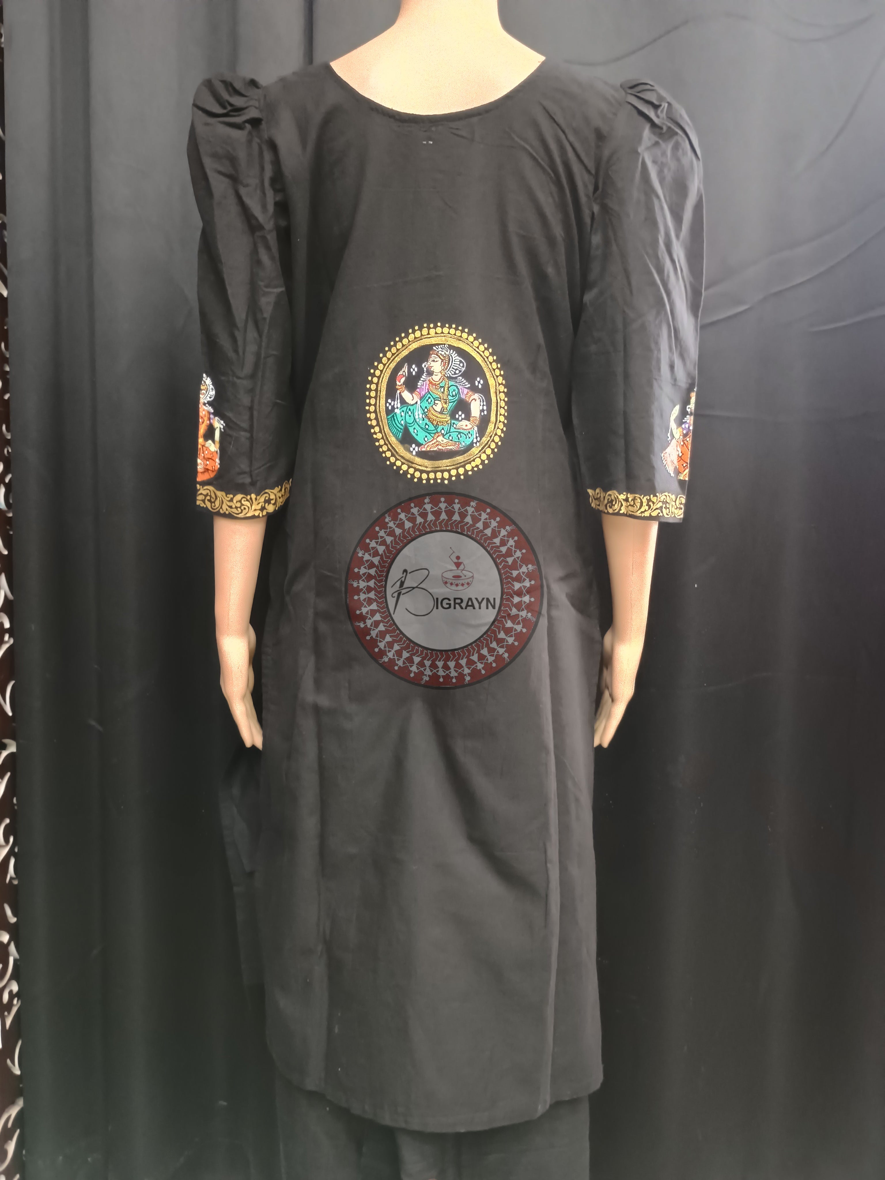 Black Golden Dancer Theme Hand Painted Pattachitra Kurti