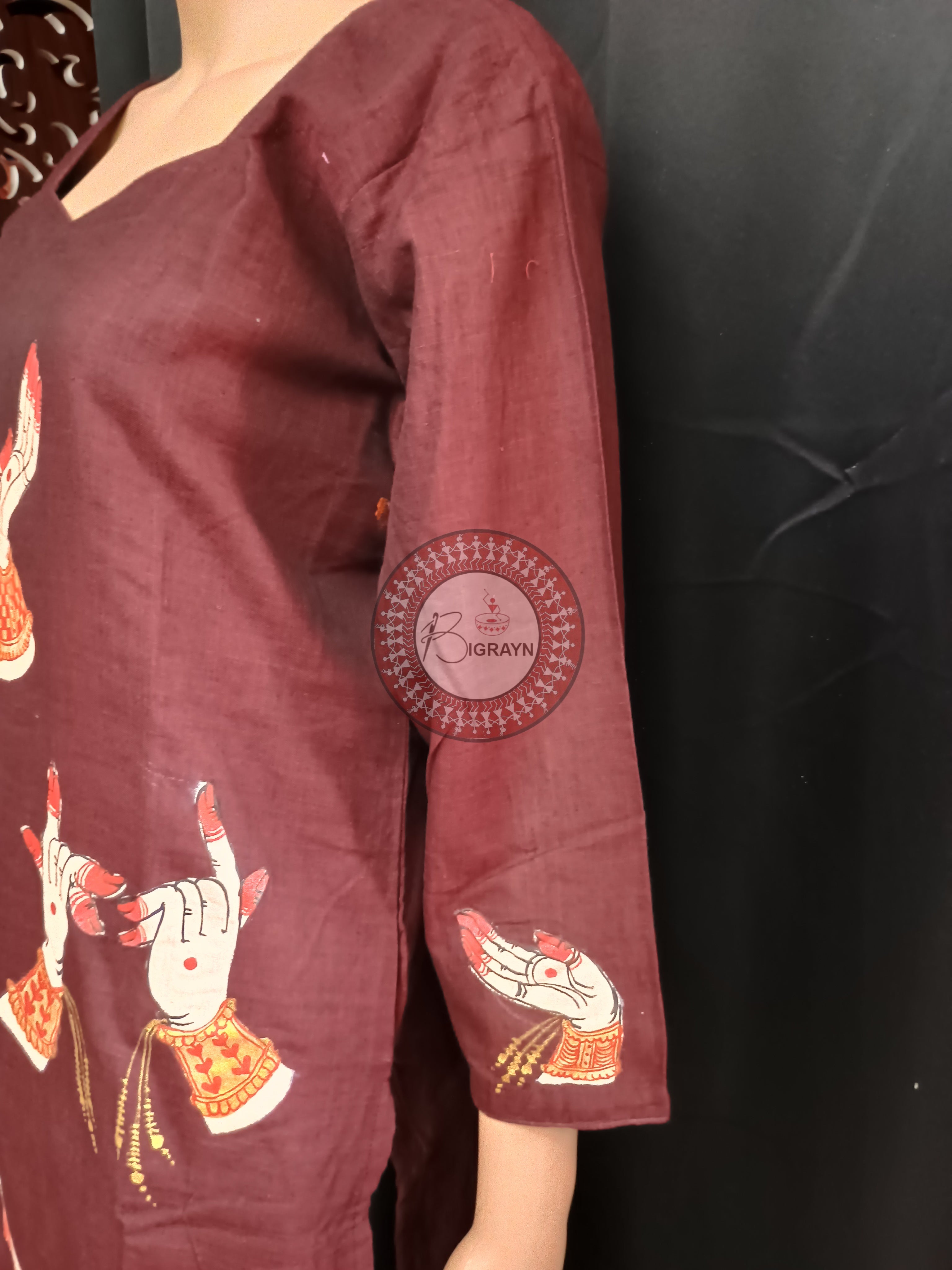 Maroon Odishi Mudra Theme Hand Painted Pattachitra Kurti