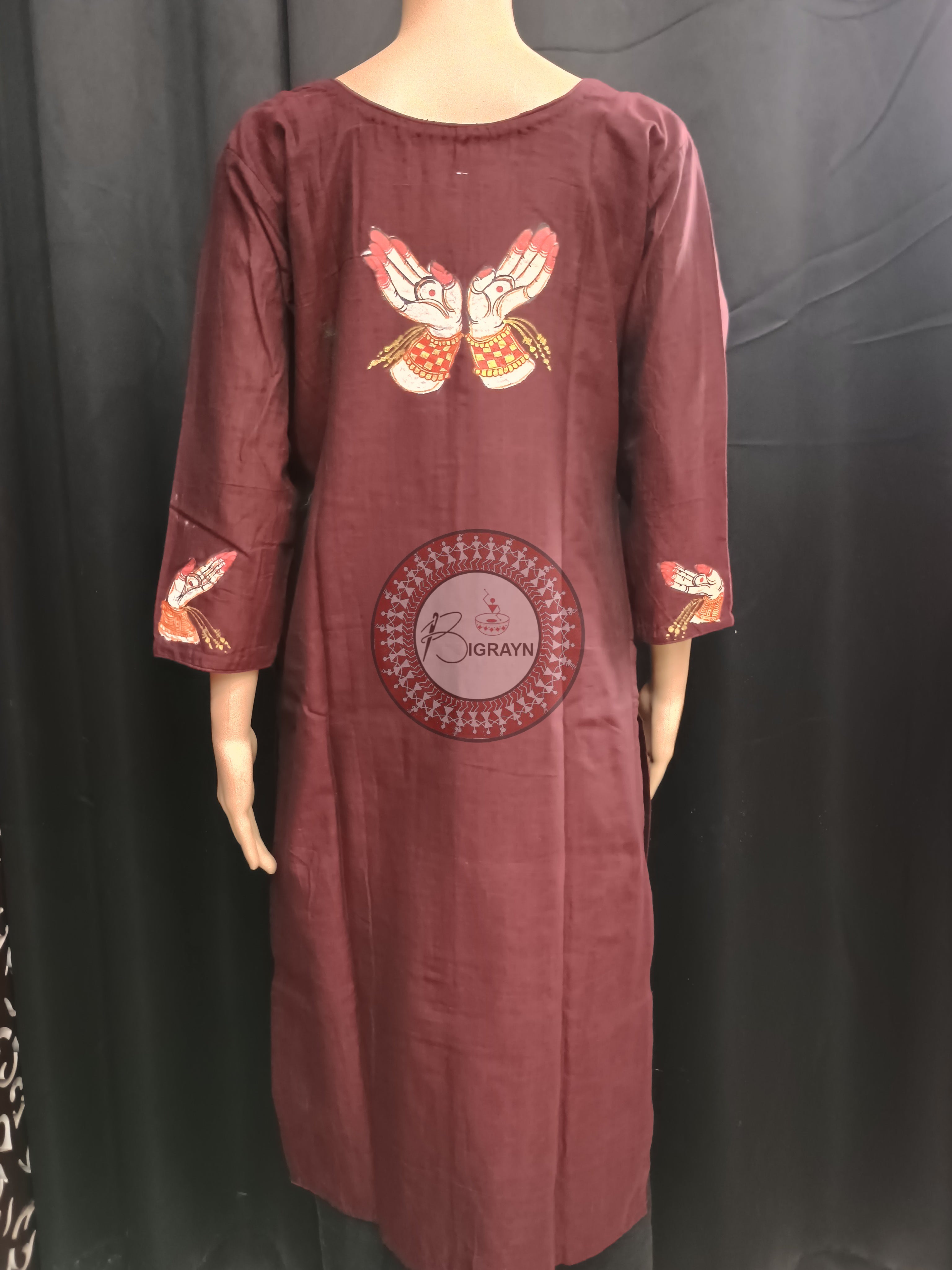 Maroon Odishi Mudra Theme Hand Painted Pattachitra Kurti