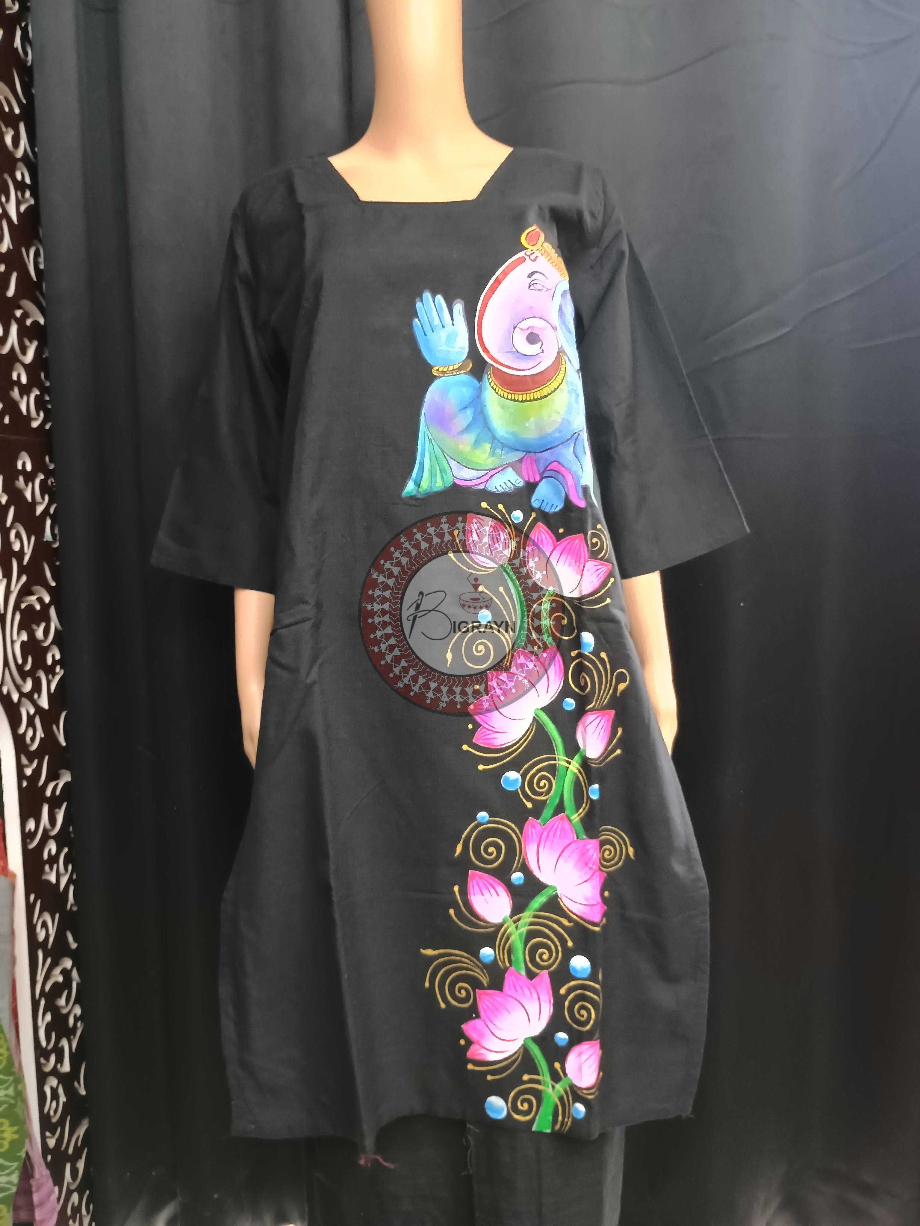 Black Ganesh Theme Hand Painted Pattachitra Kurti