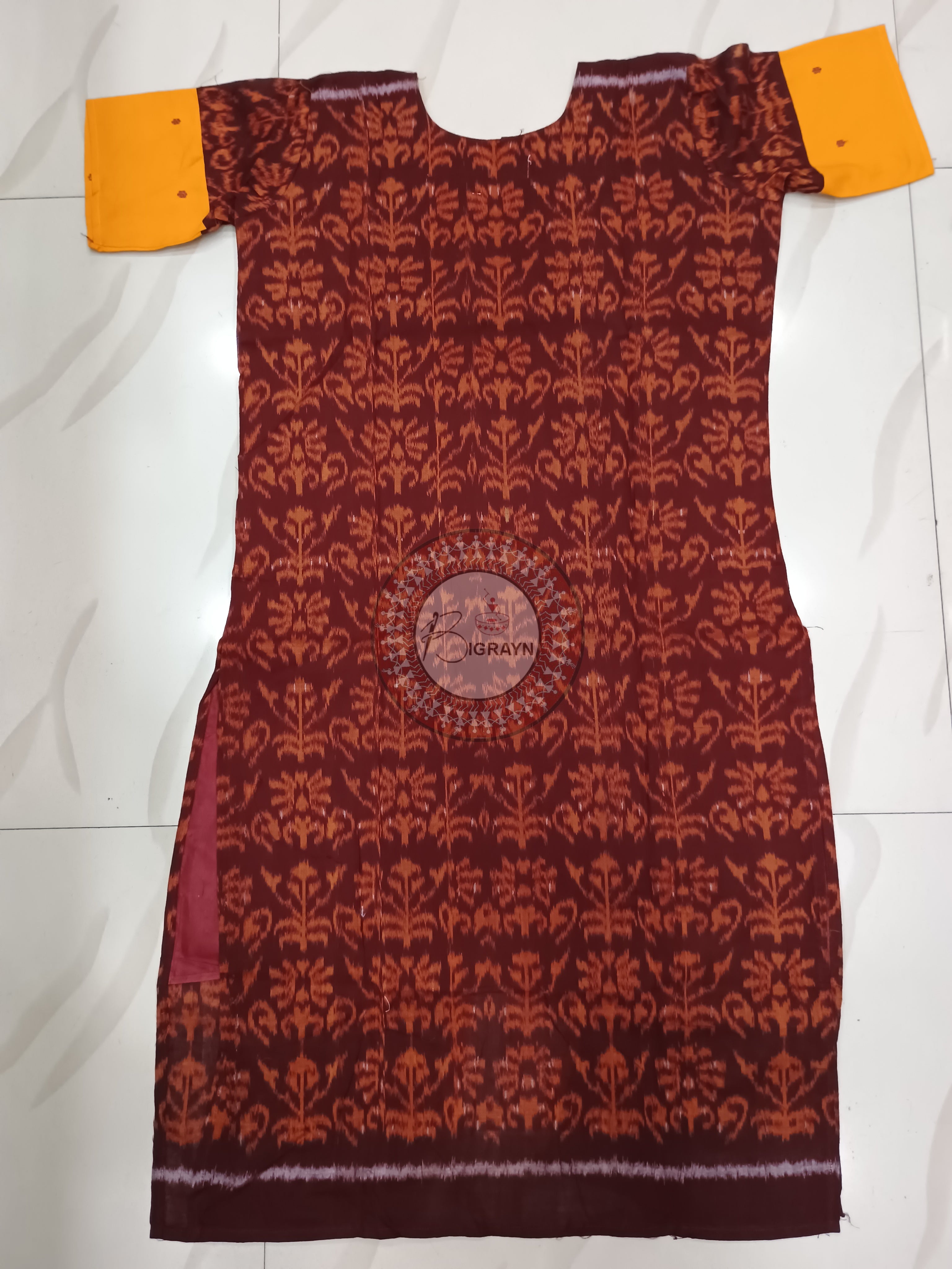 Maroon Yellow Tree Designer A-Line Kurti