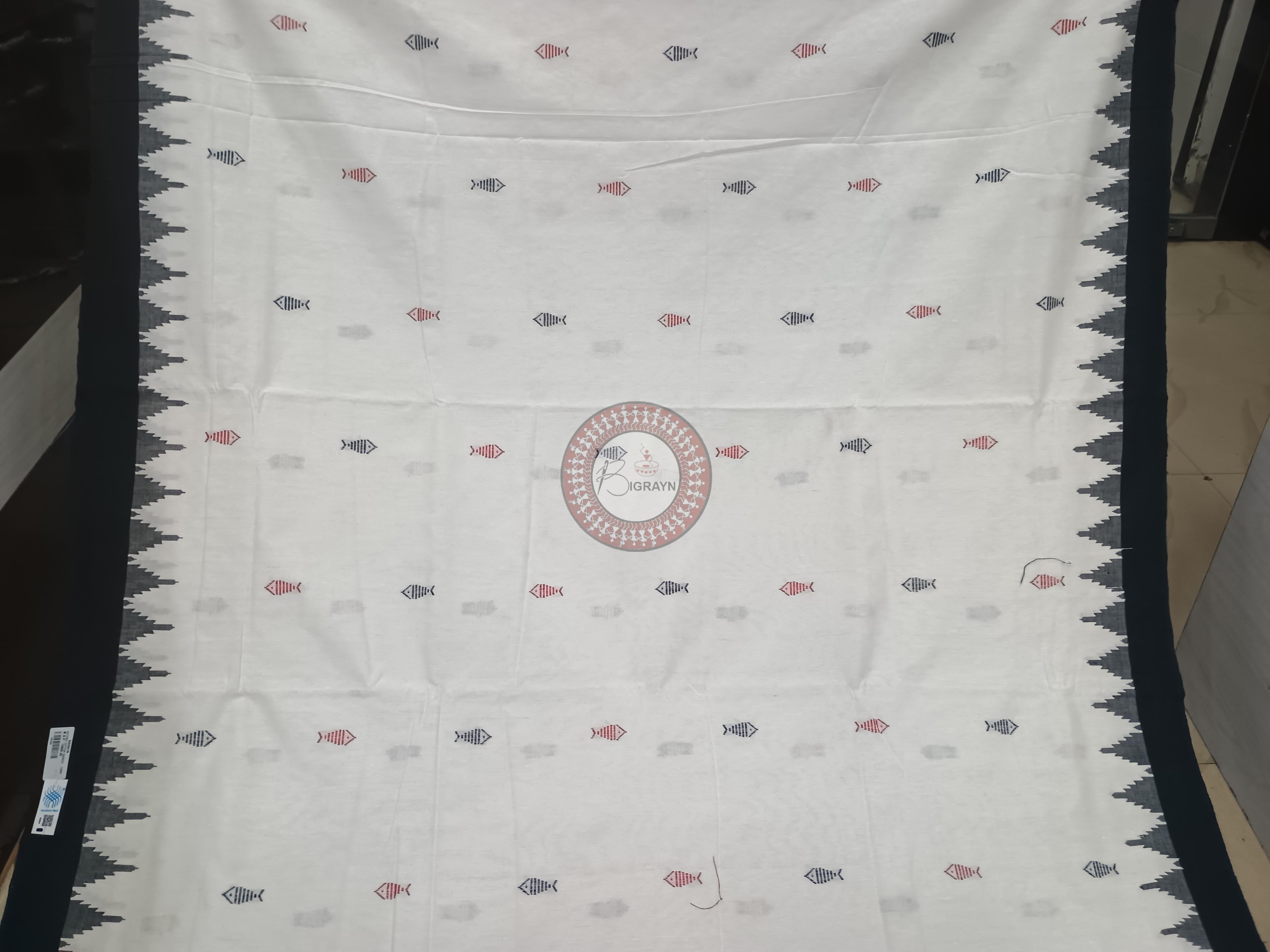 White Black Mastya Kachhap With Phoda Kumbha Border Odisha Handloom Kotpad Cotton Saree