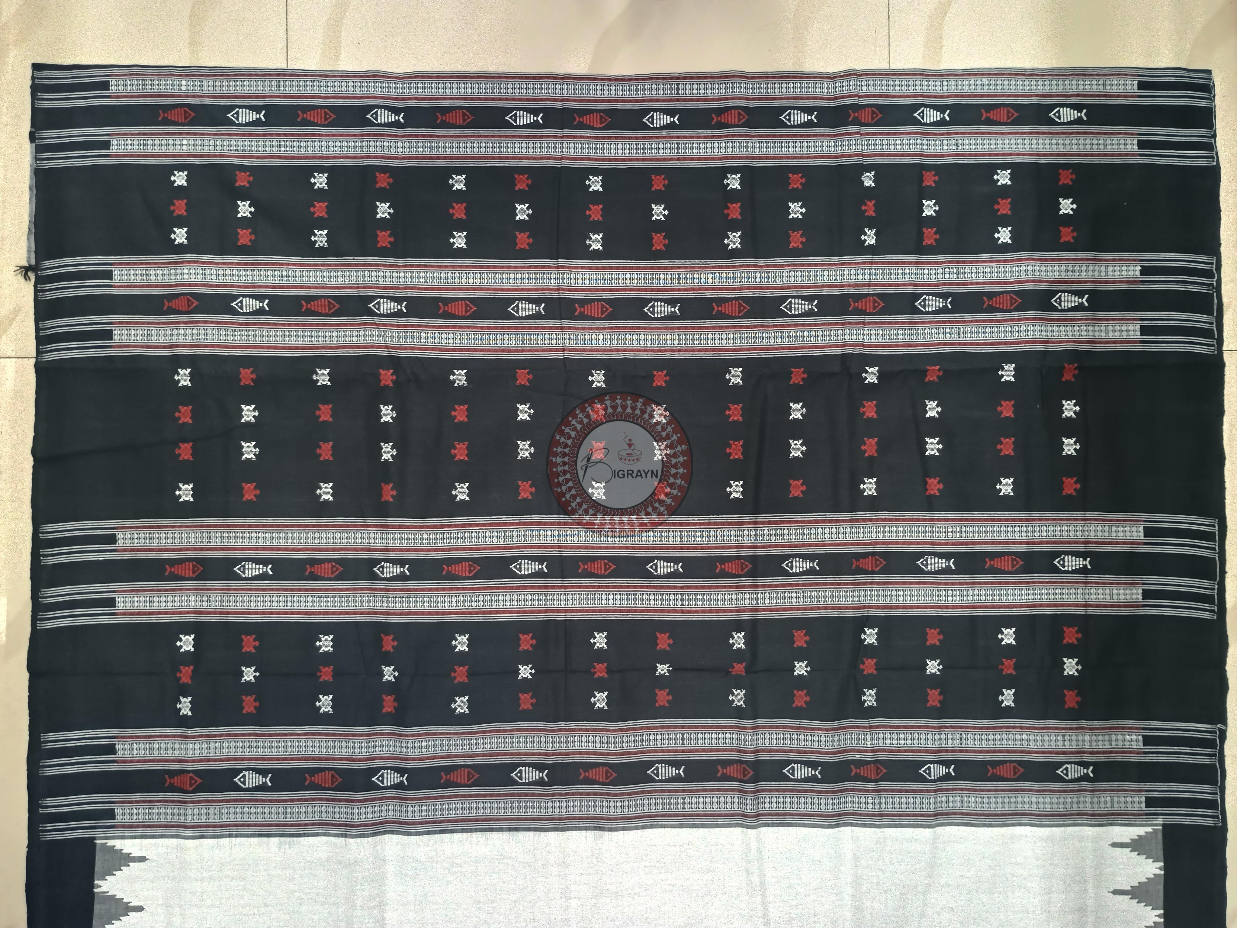 White Black Mastya Kachhap With Phoda Kumbha Border Odisha Handloom Kotpad Cotton Saree