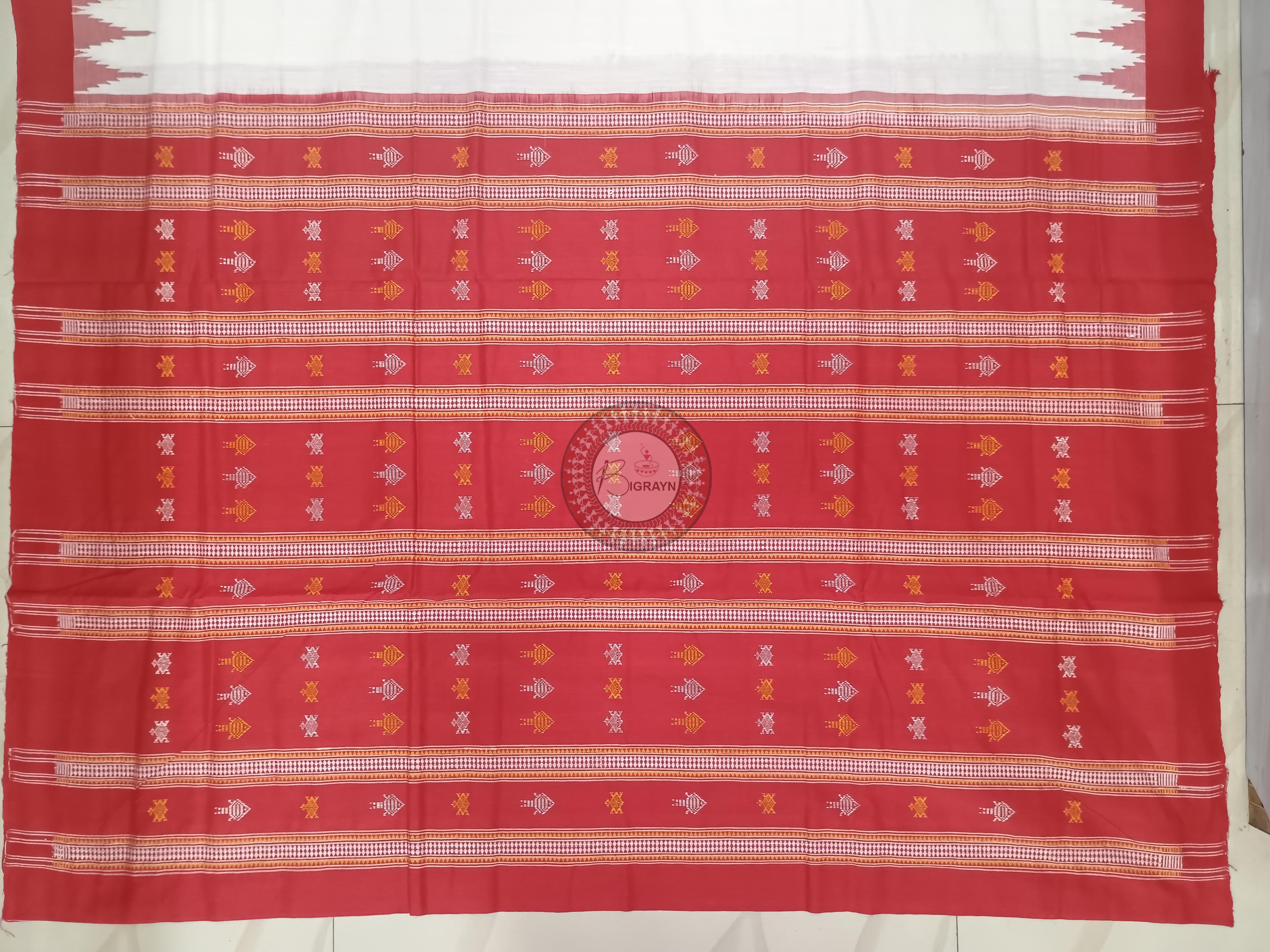 White Red Fish Odisha Handloom Kotpad Cotton Saree