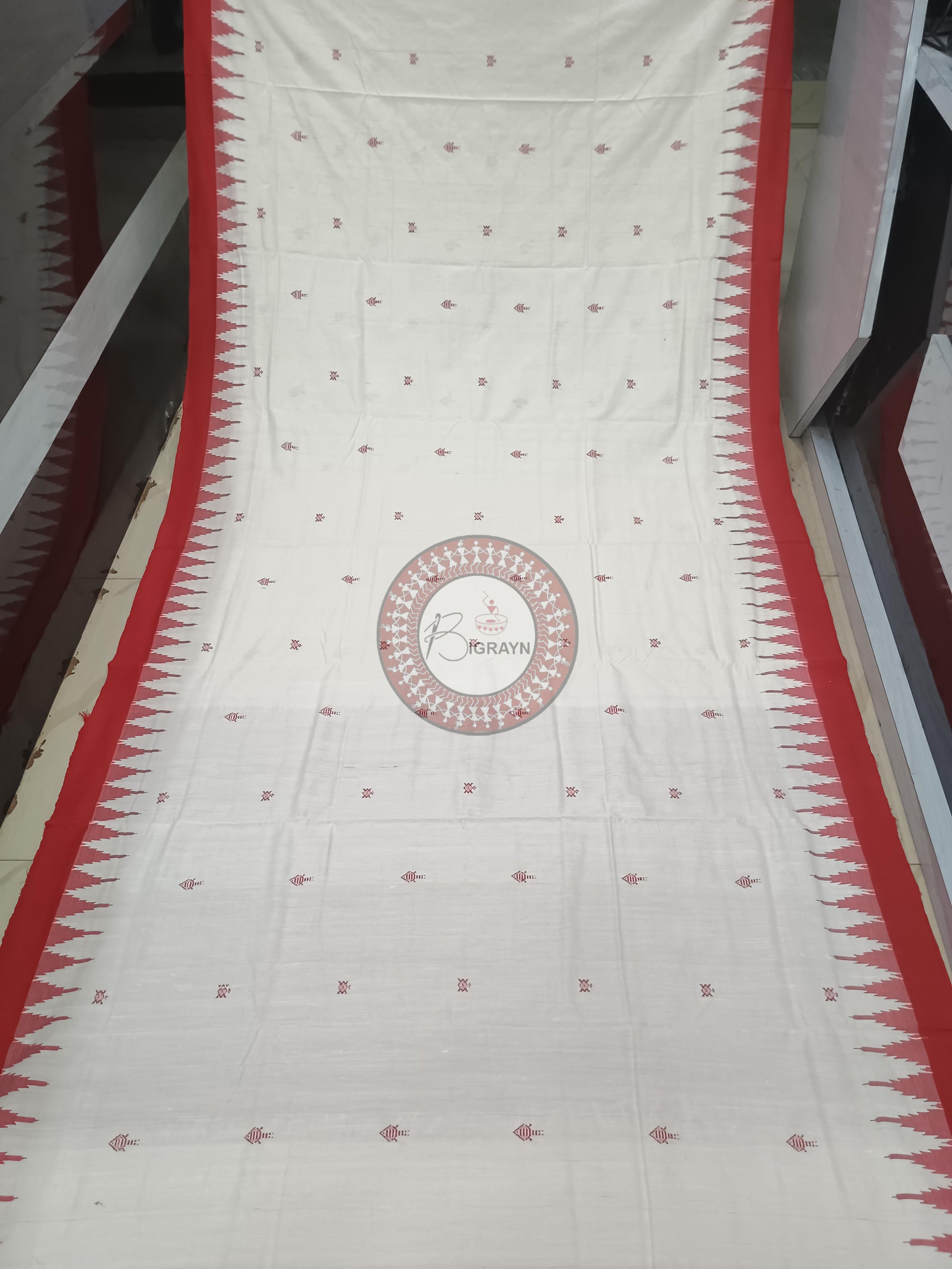 White Red Fish Odisha Handloom Kotpad Cotton Saree