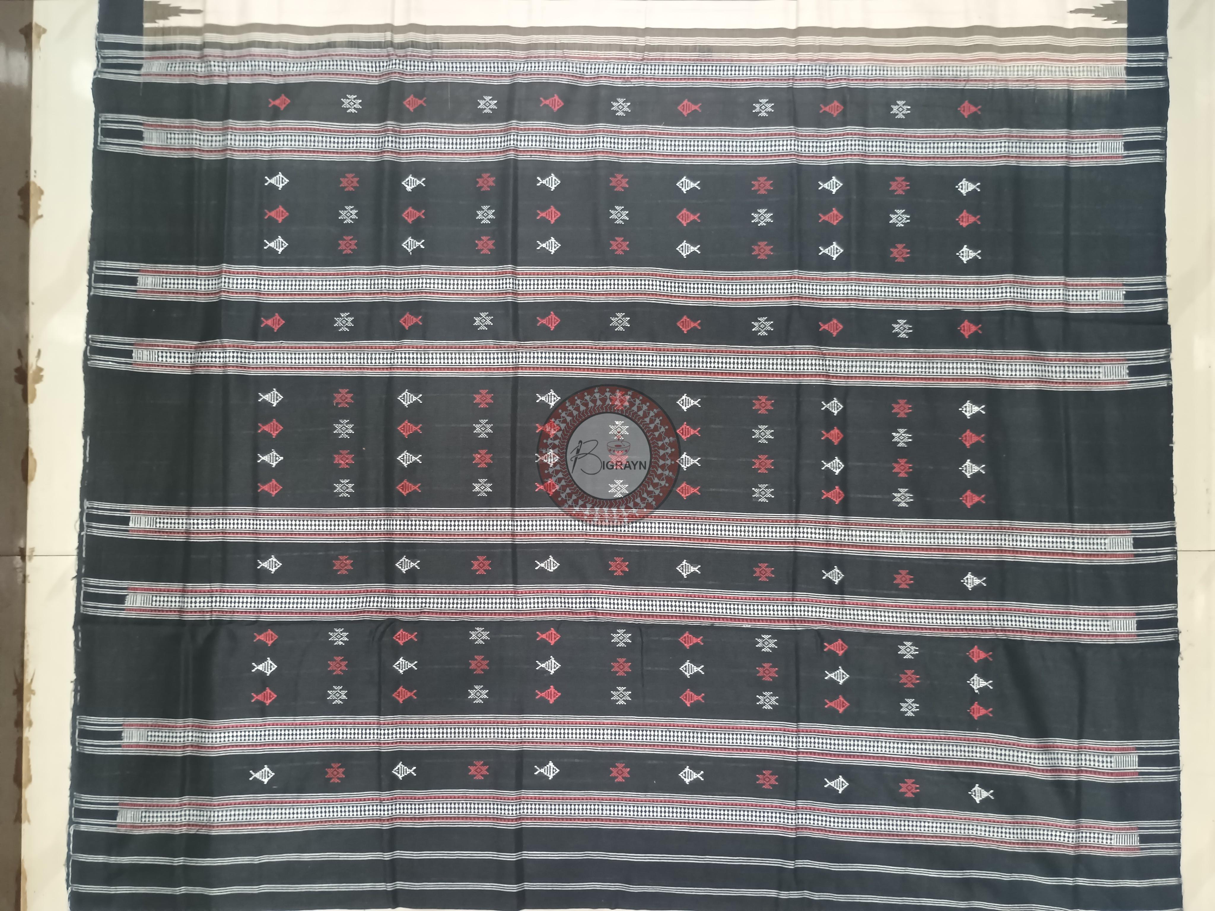 Off White Black Stripe Fish Odisha Handloom Kotpad Cotton Saree