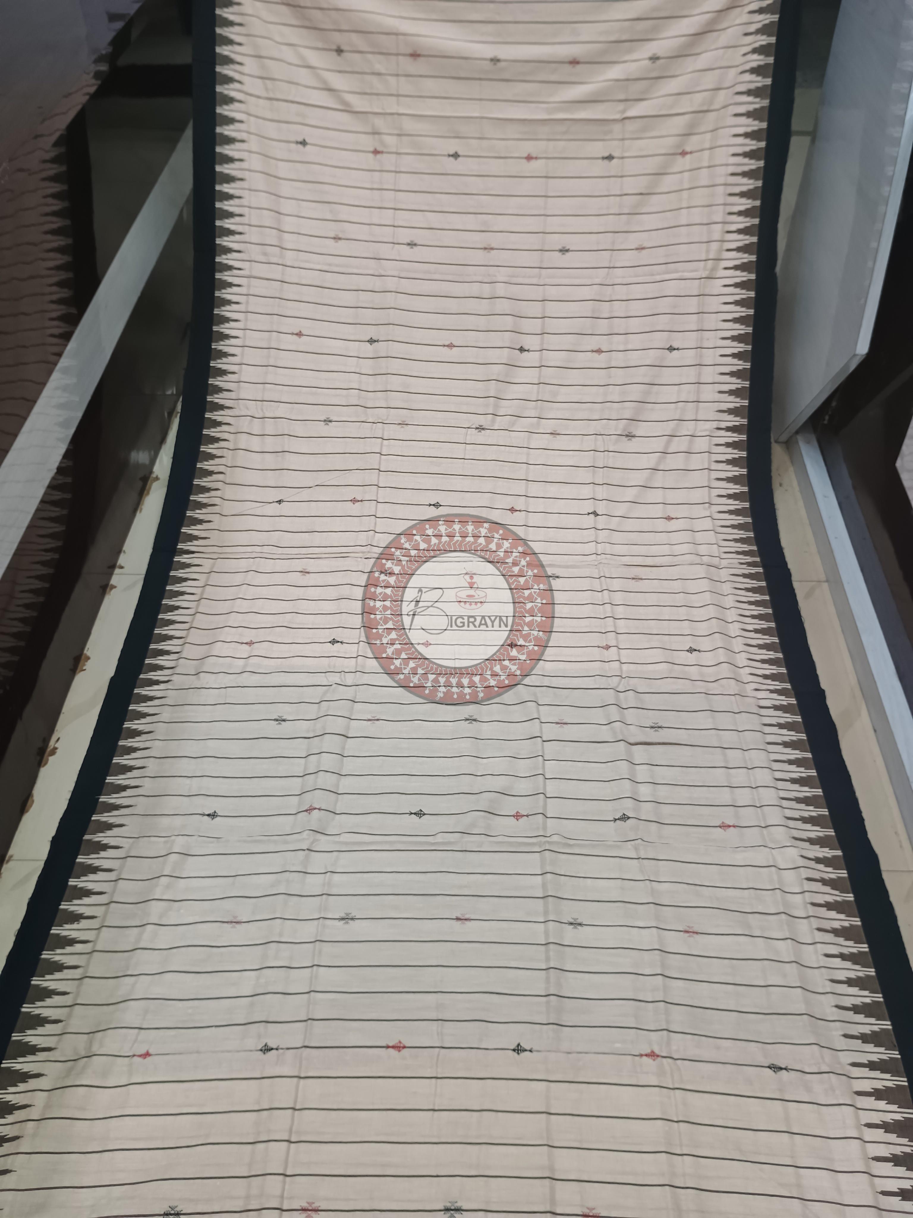 Off White Black Stripe Fish Odisha Handloom Kotpad Cotton Saree