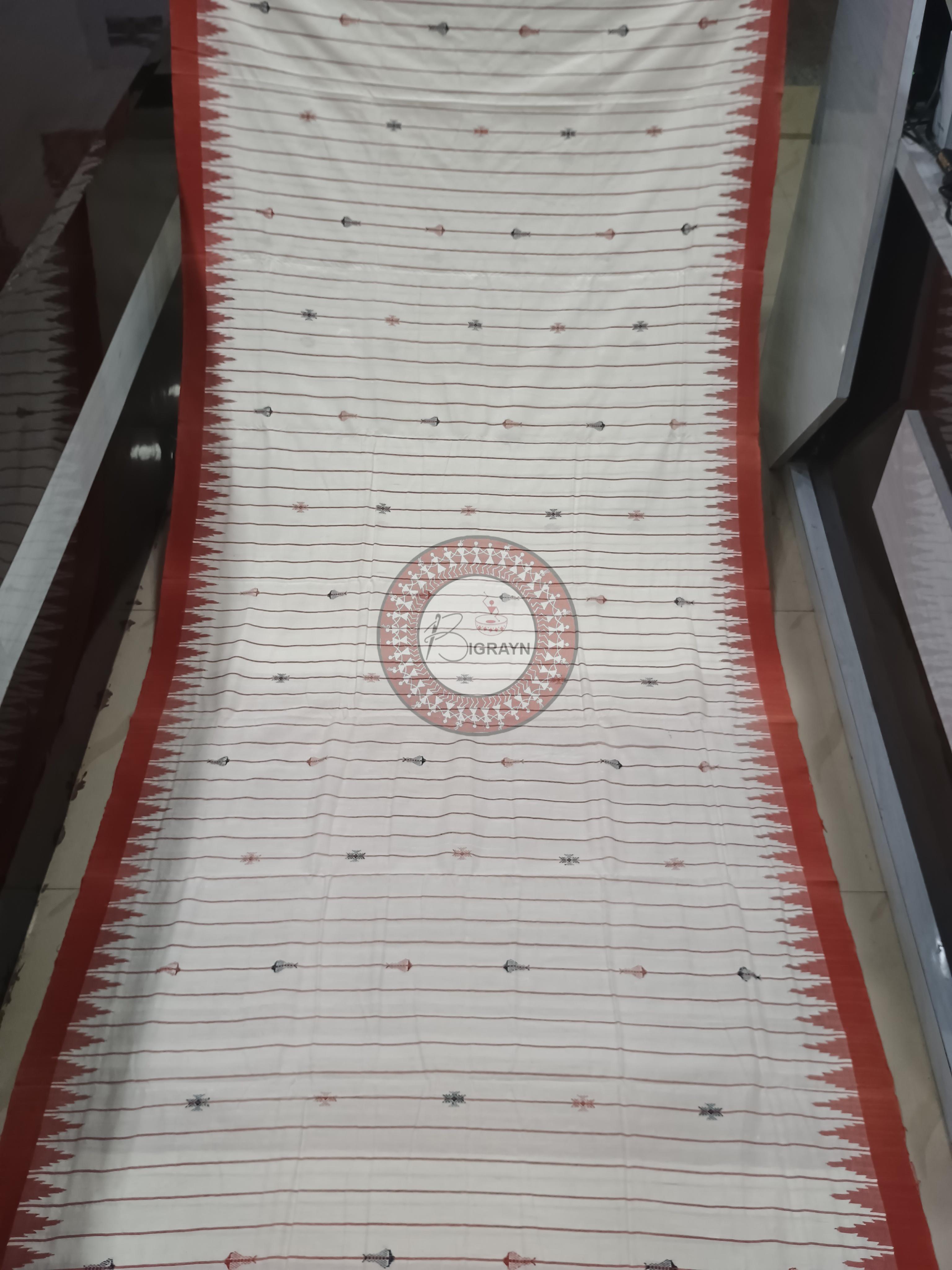 White Red Stripe Fish Odisha Handloom Kotpad Cotton Saree