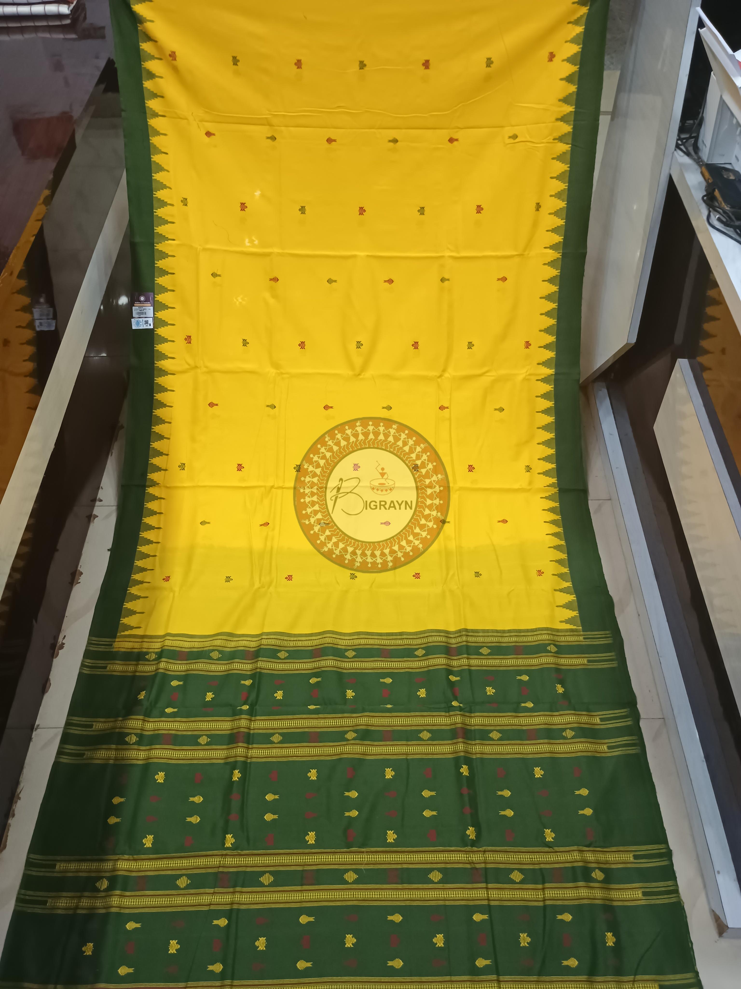 Yellow Green Fish Odisha Handloom Kotpad Cotton Saree