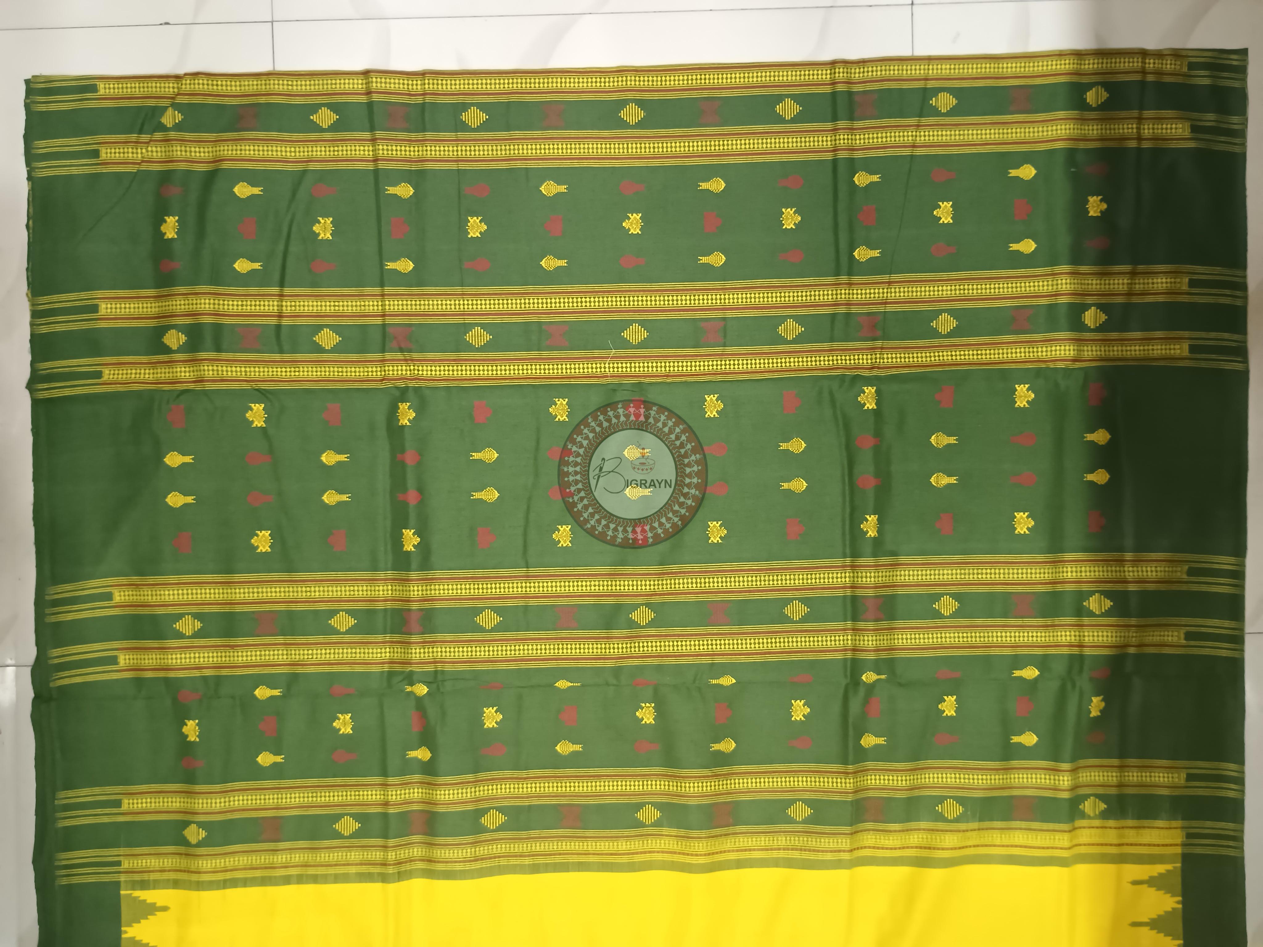 Yellow Green Fish Odisha Handloom Kotpad Cotton Saree