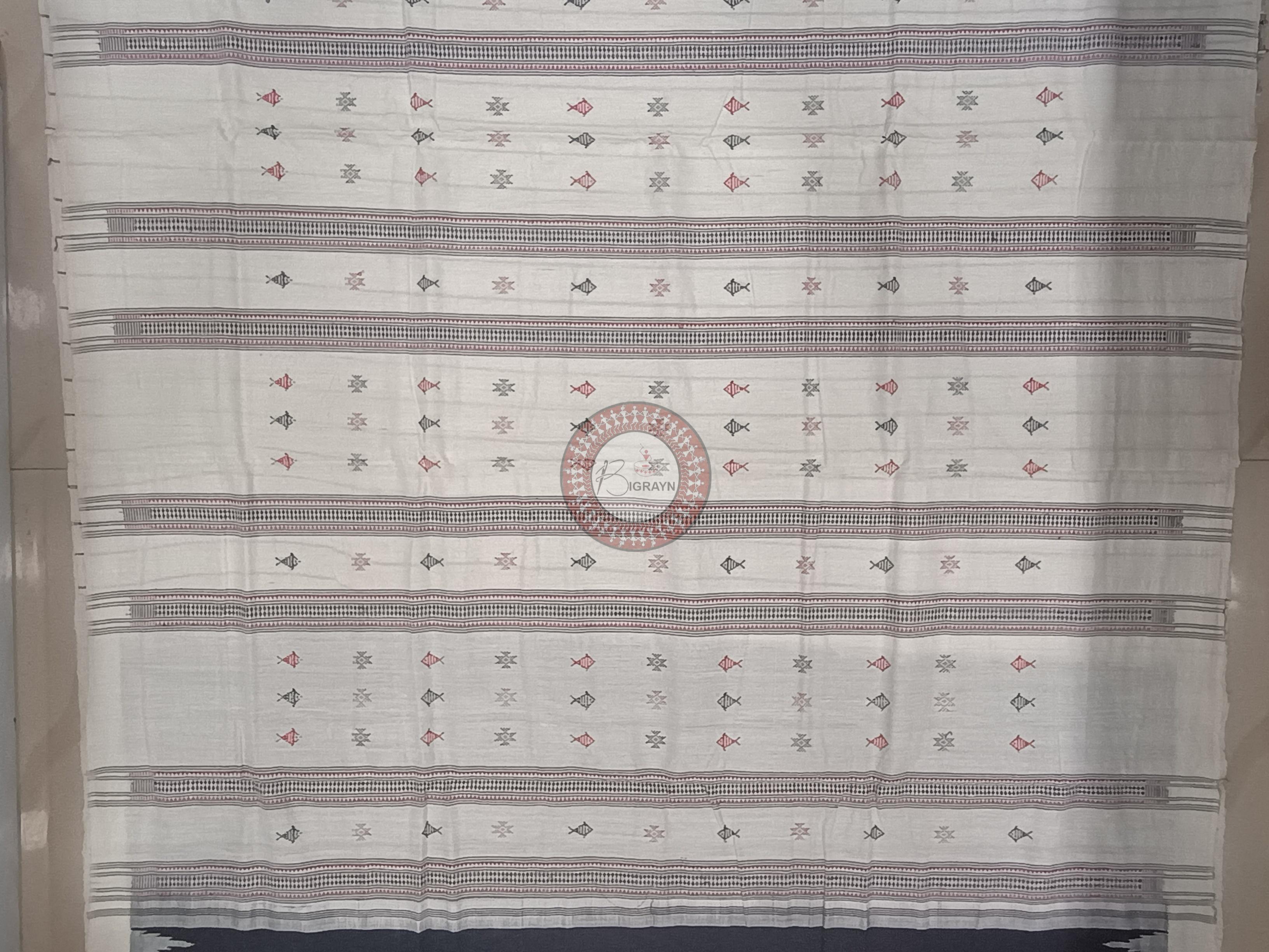 Black White Stripe With Fish Odisha Handloom Kotpad Cotton Saree