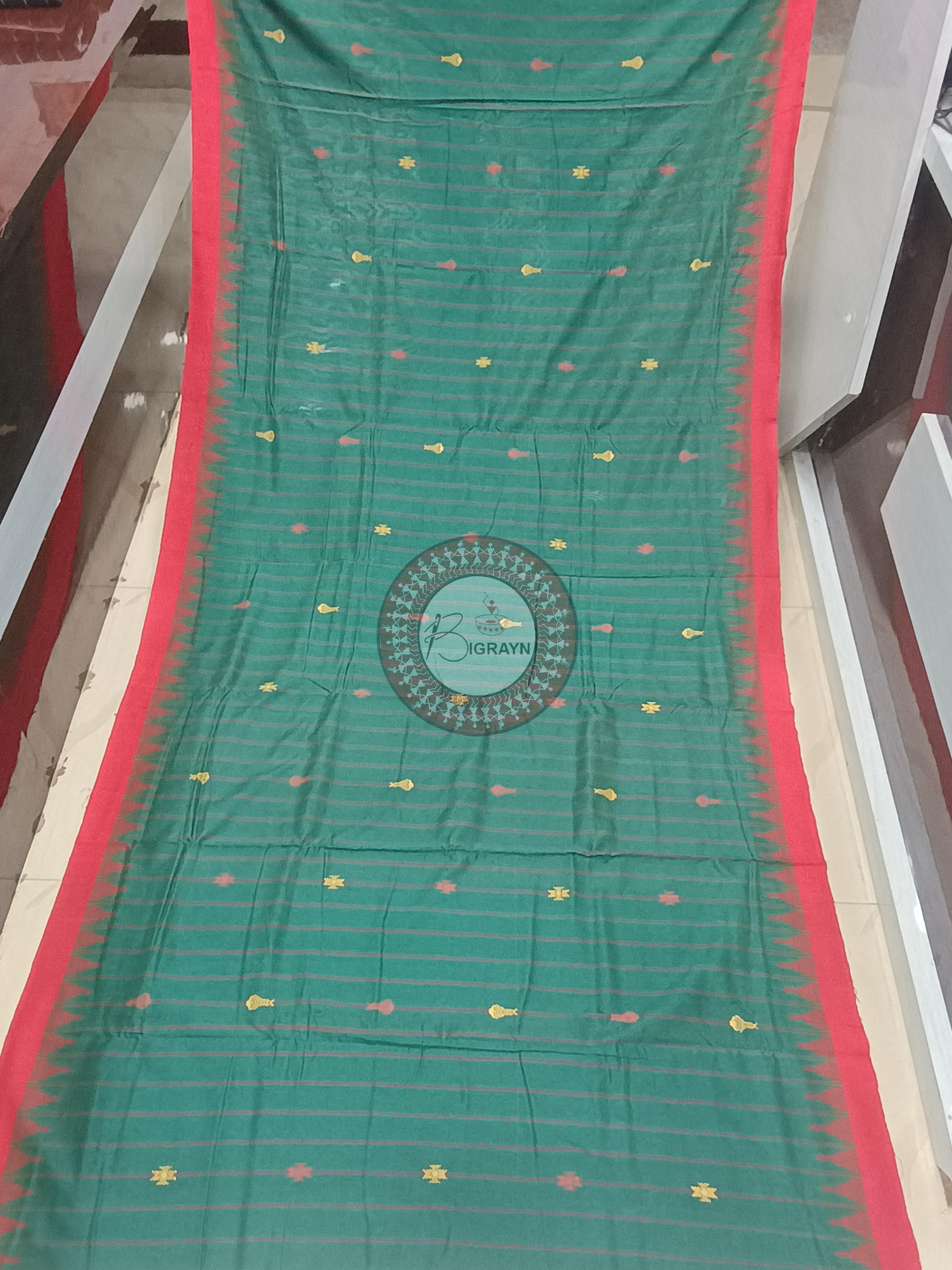 Green Red Fish Odisha Handloom Kotpad Cotton Saree