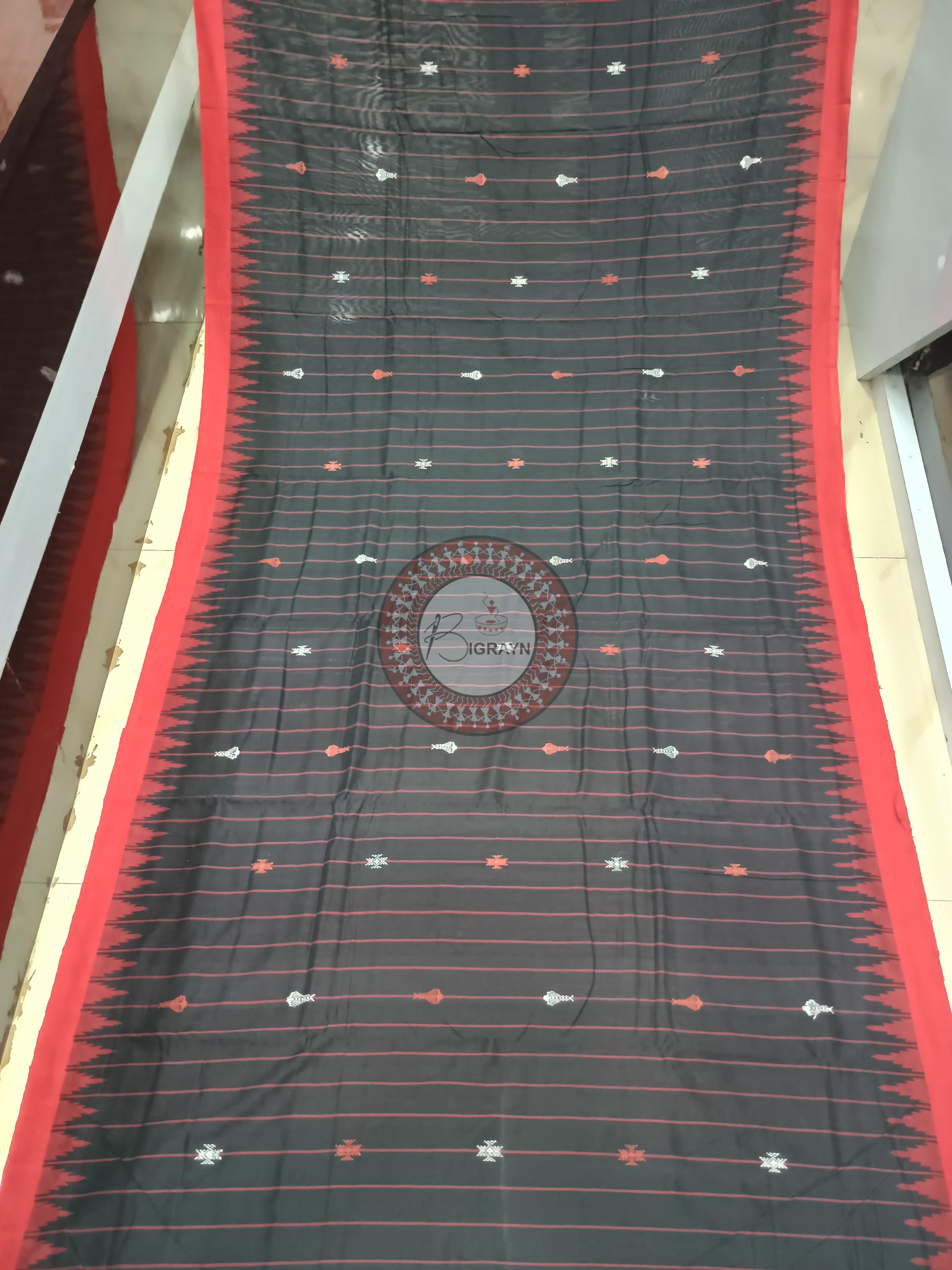 Black Red Stripe With Fish Odisha Handloom Kotpad Cotton Saree