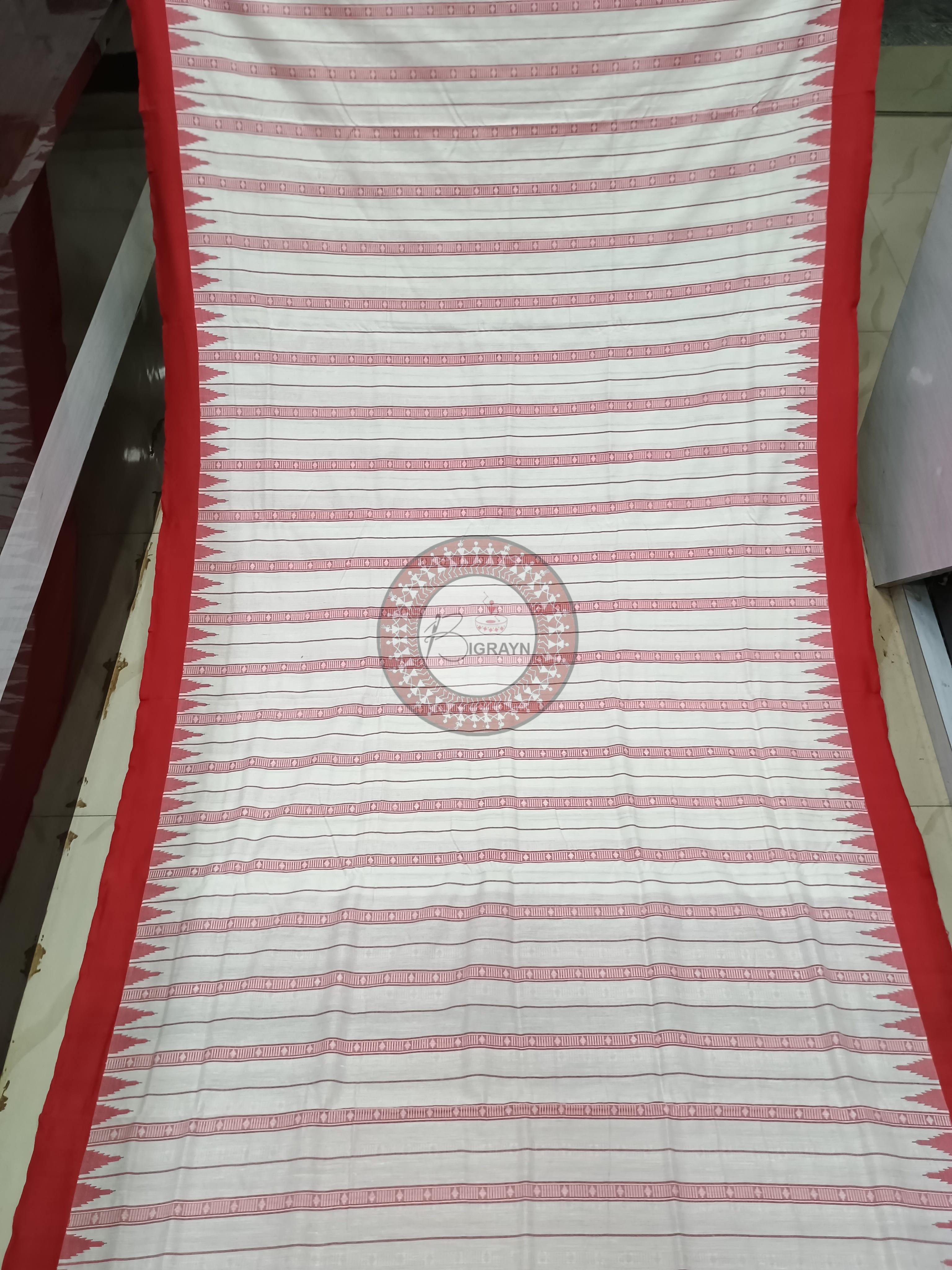 White Red Stripe With Fish Odisha Handloom Kotpad Cotton Saree
