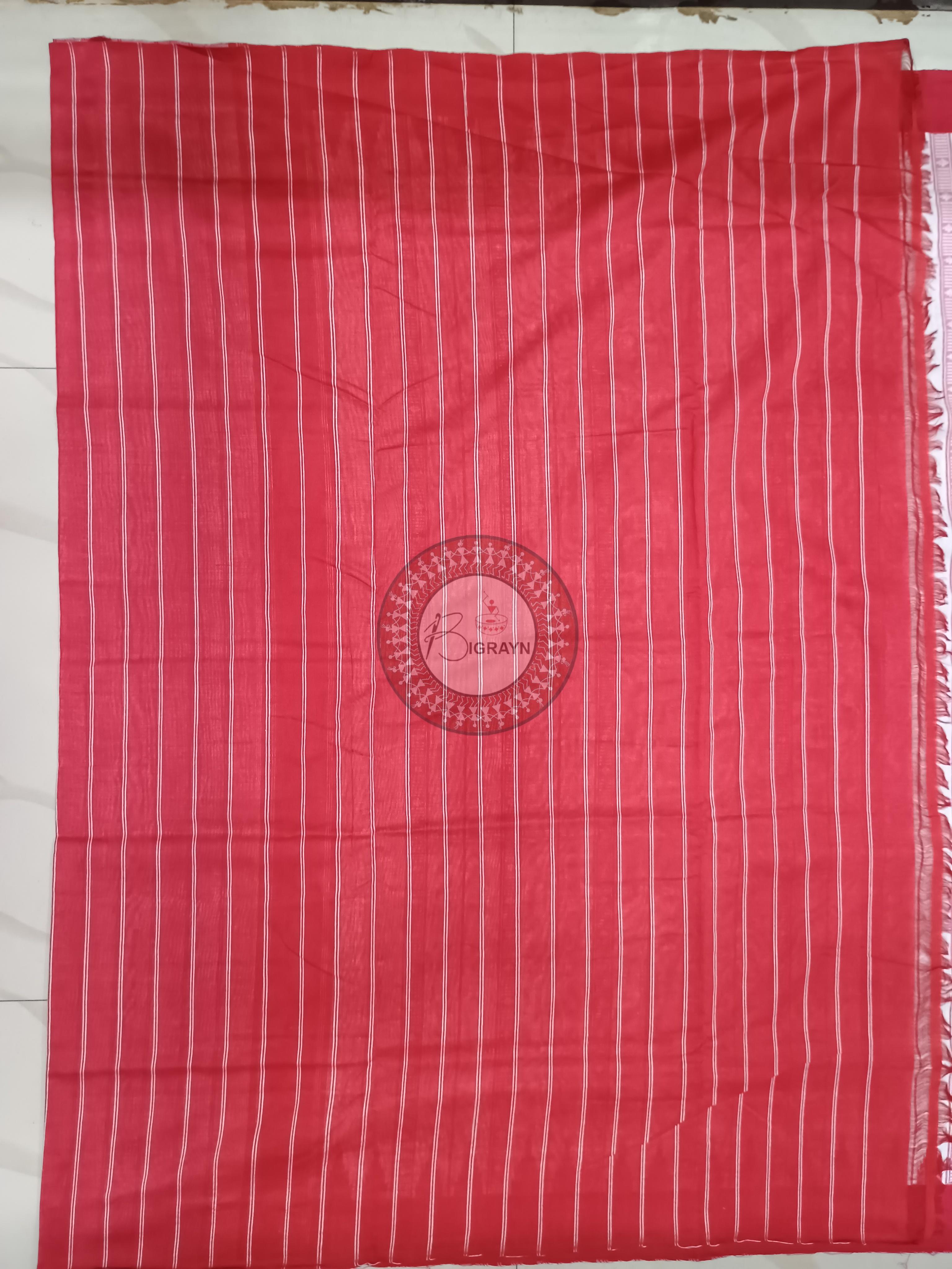White Red Stripe With Fish Odisha Handloom Kotpad Cotton Saree