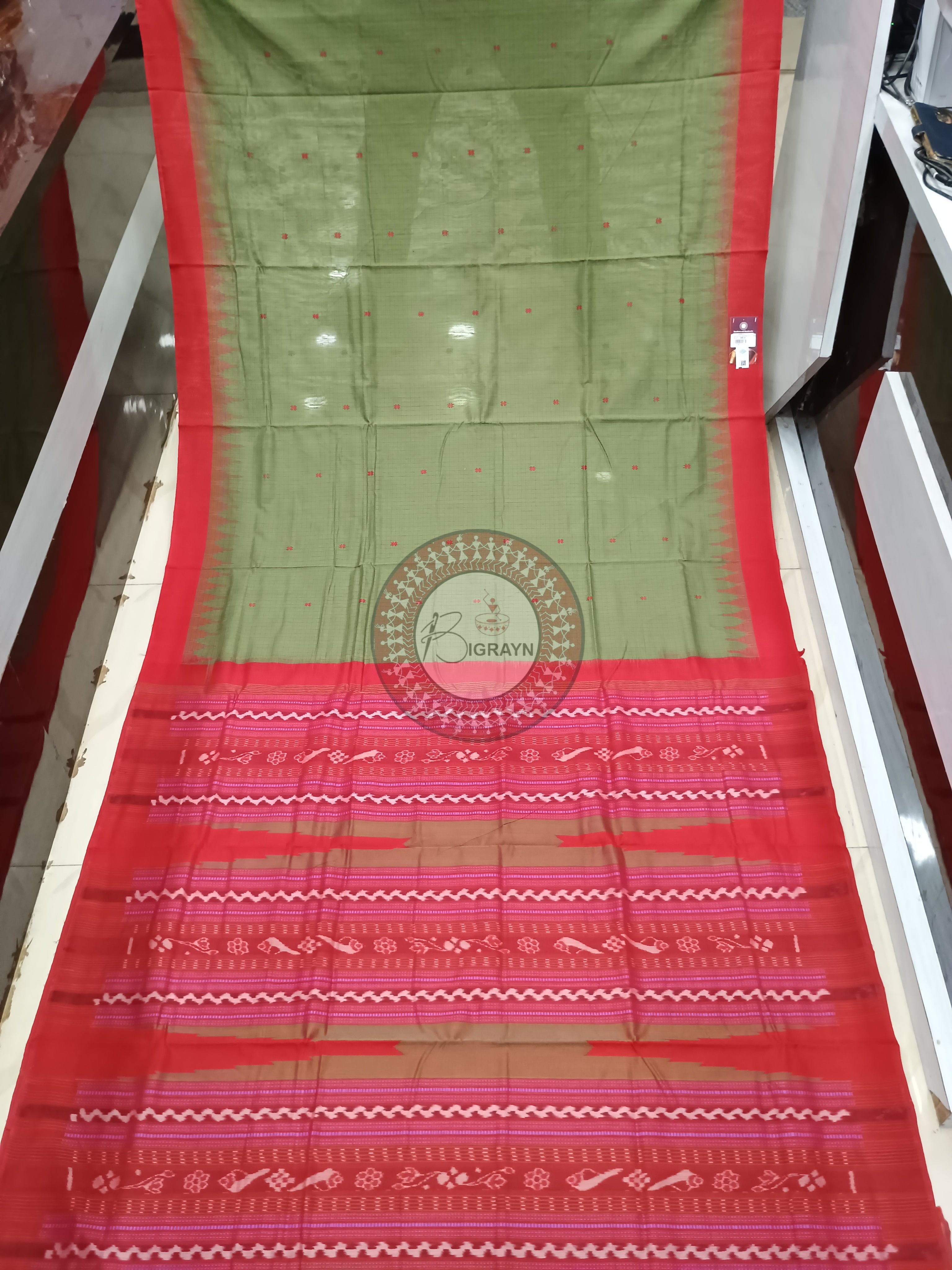 Mehendi Red Sachipar Buti Handloom Sambalpuri Cotton Saree