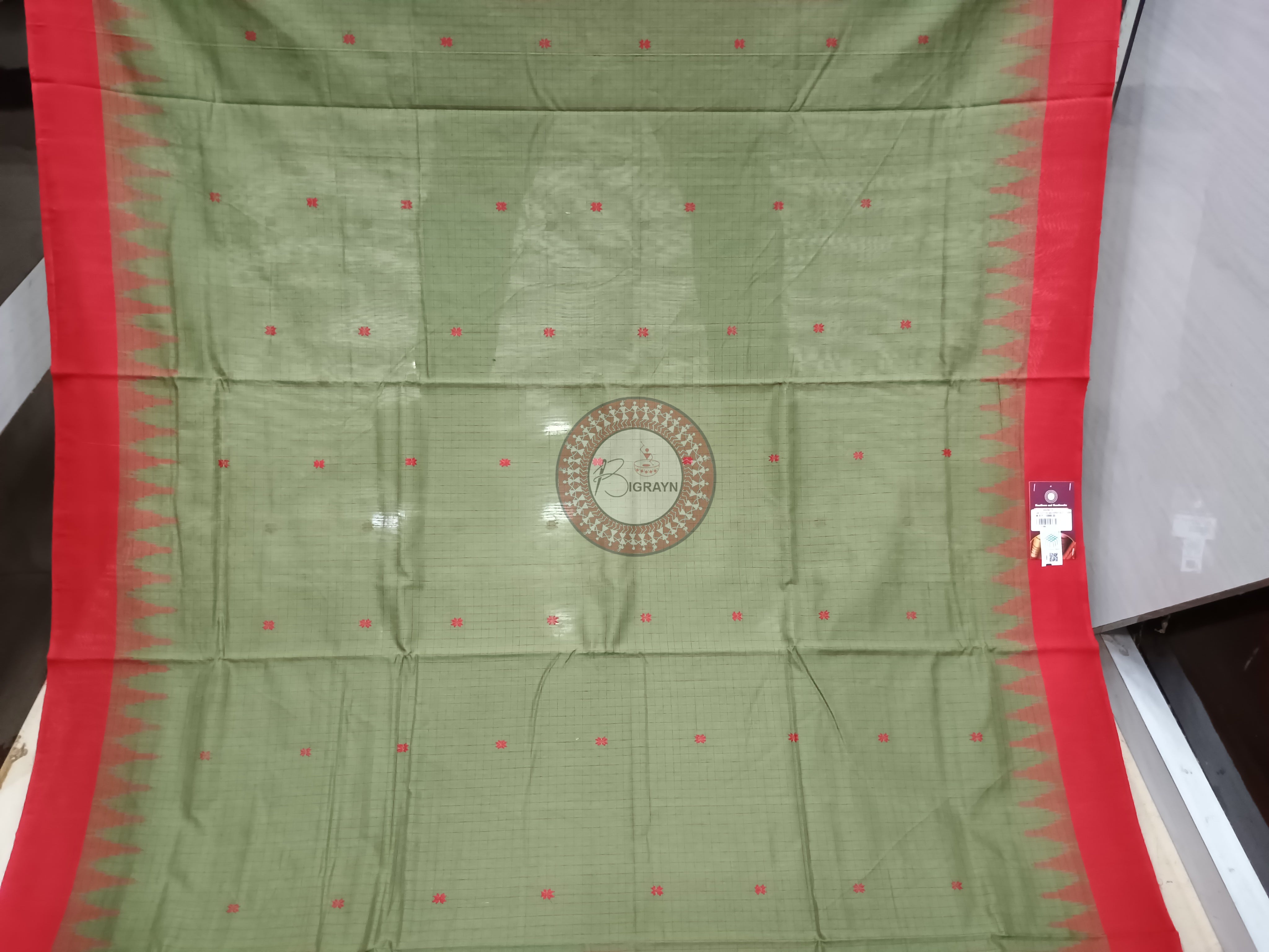 Mehendi Red Sachipar Buti Handloom Sambalpuri Cotton Saree