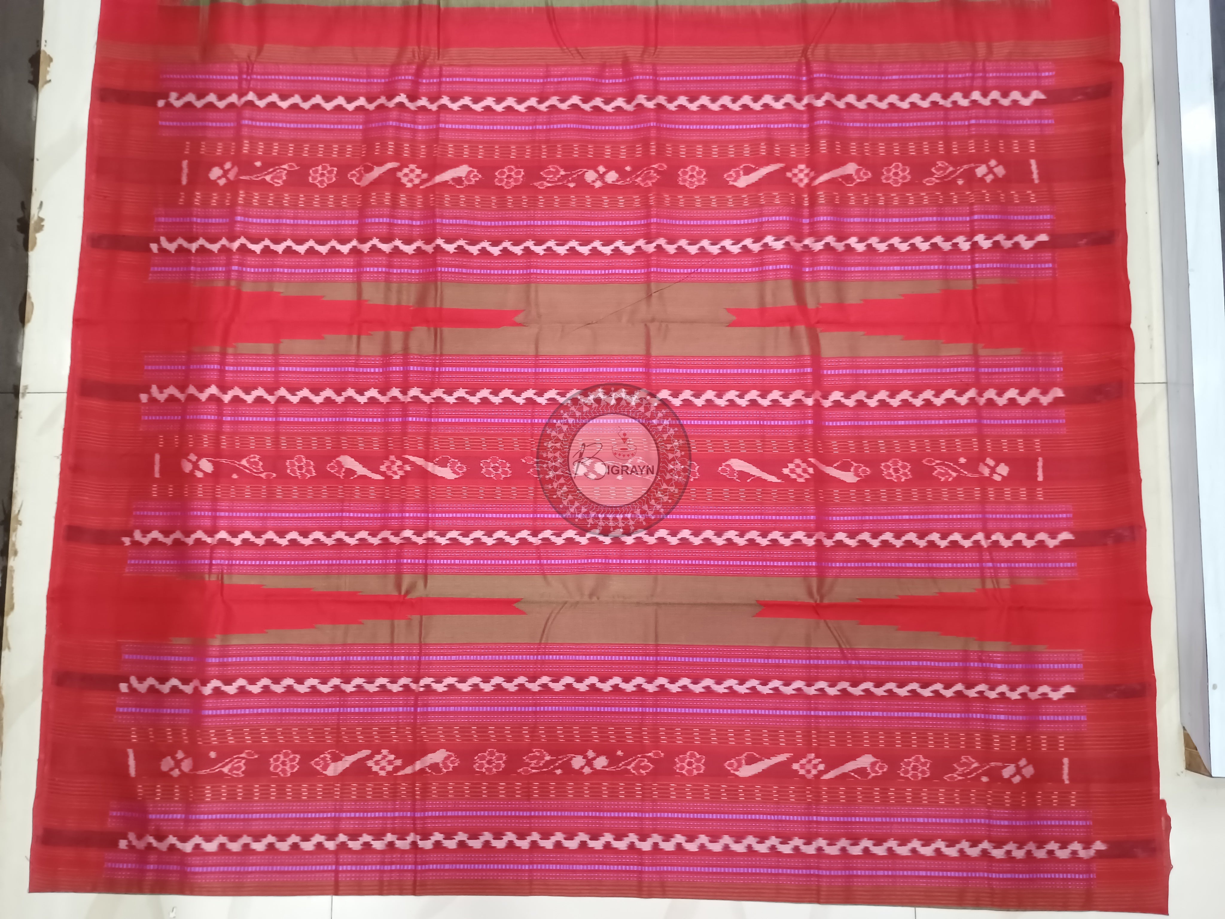 Mehendi Red Sachipar Buti Handloom Sambalpuri Cotton Saree