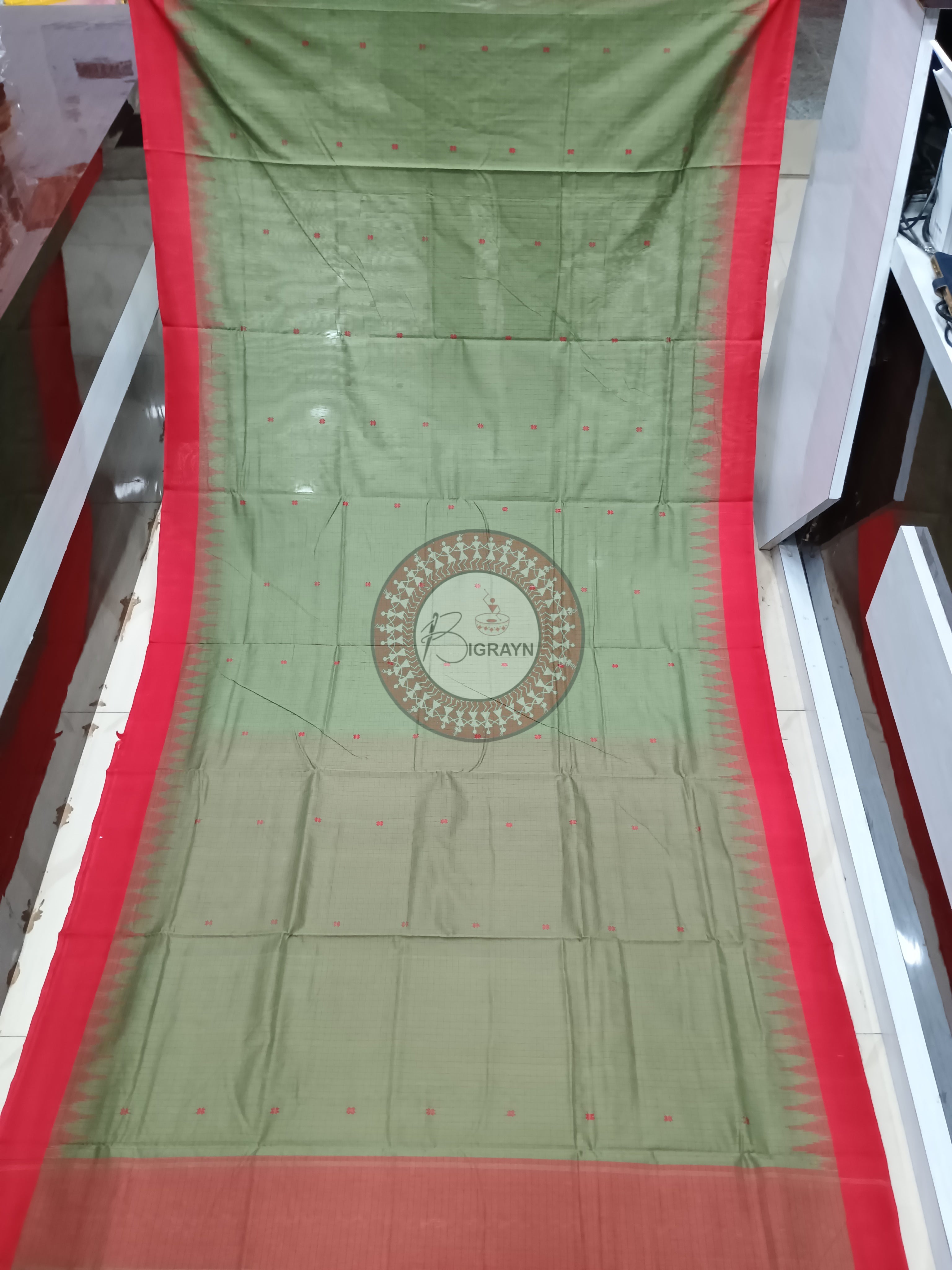 Mehendi Red Sachipar Buti Handloom Sambalpuri Cotton Saree