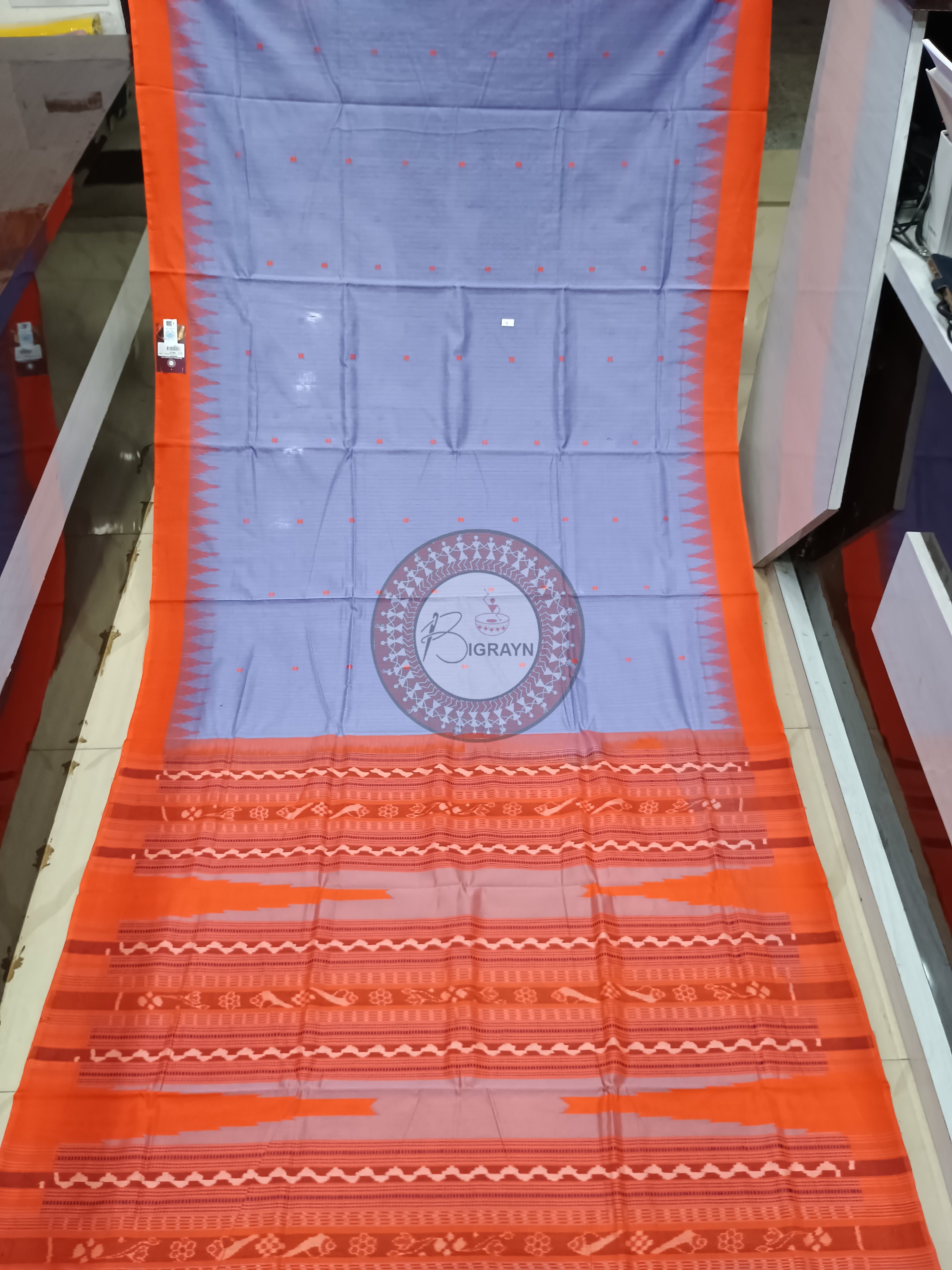 Light Shade Of Blue & Orange Sachipar Buti Handloom Sambalpuri Cotton Saree