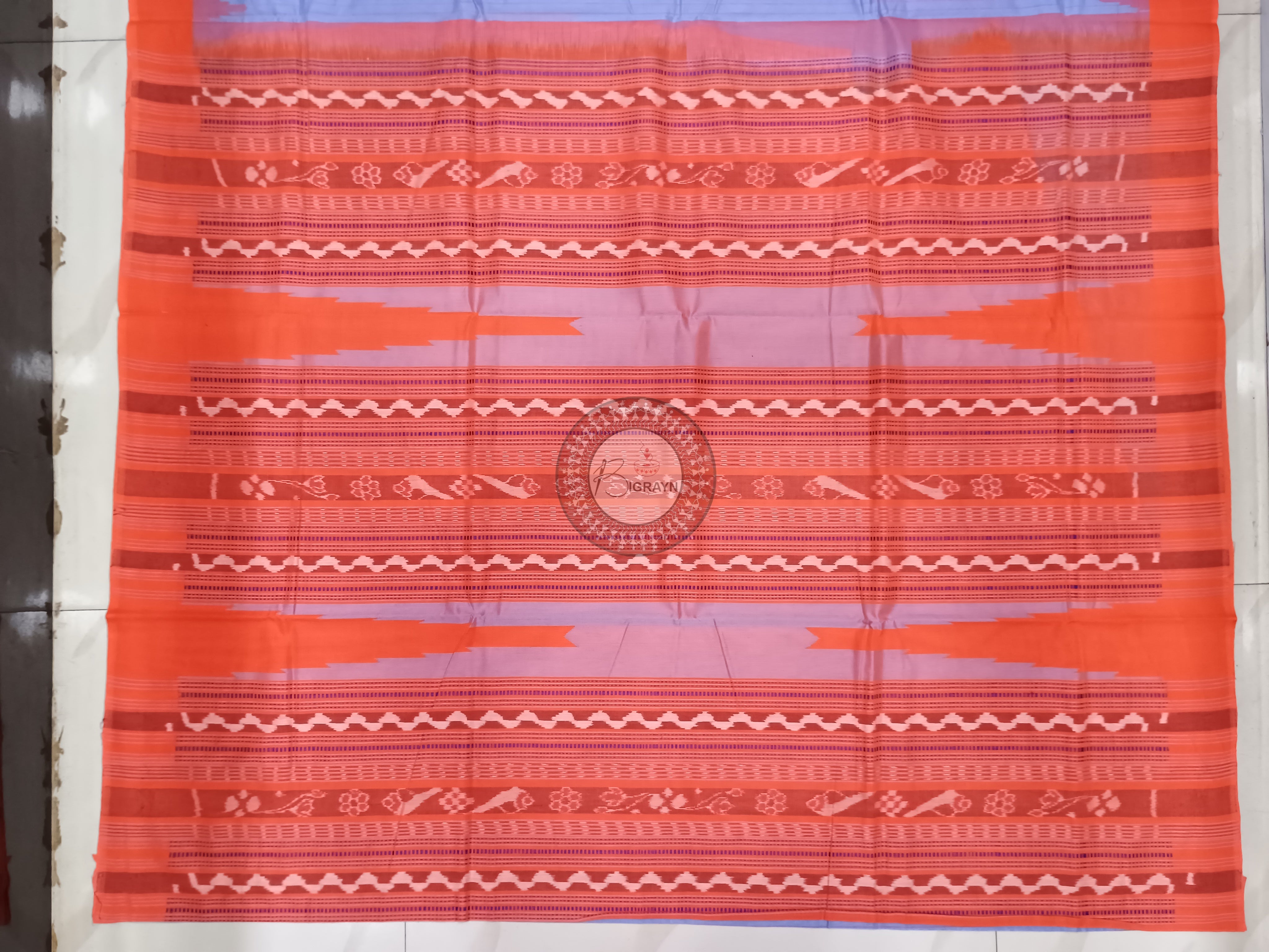 Light Shade Of Blue & Orange Sachipar Buti Handloom Sambalpuri Cotton Saree