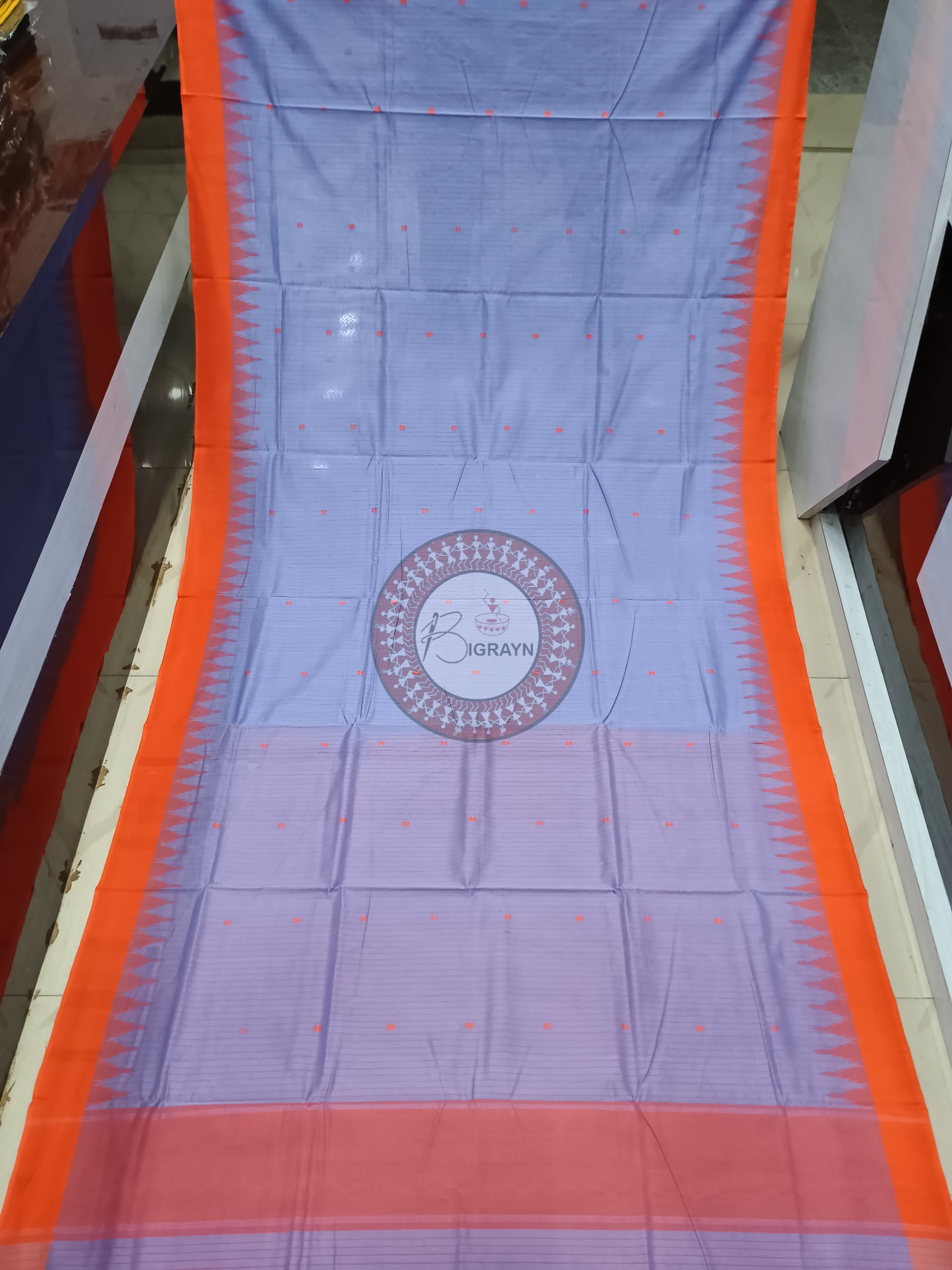 Light Shade Of Blue & Orange Sachipar Buti Handloom Sambalpuri Cotton Saree