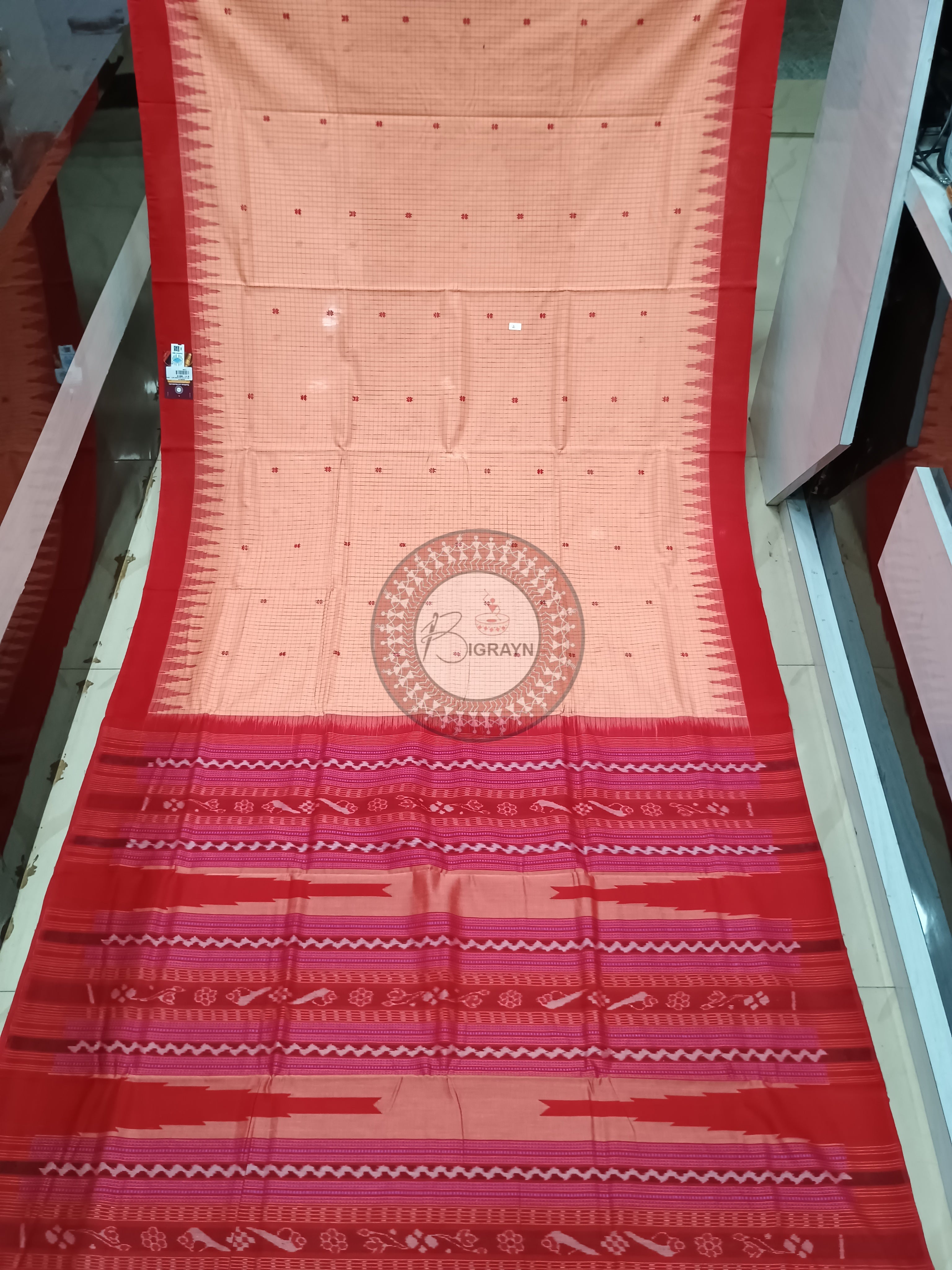 Peach Maroon Sachipar Buti Handloom Sambalpuri Cotton Saree