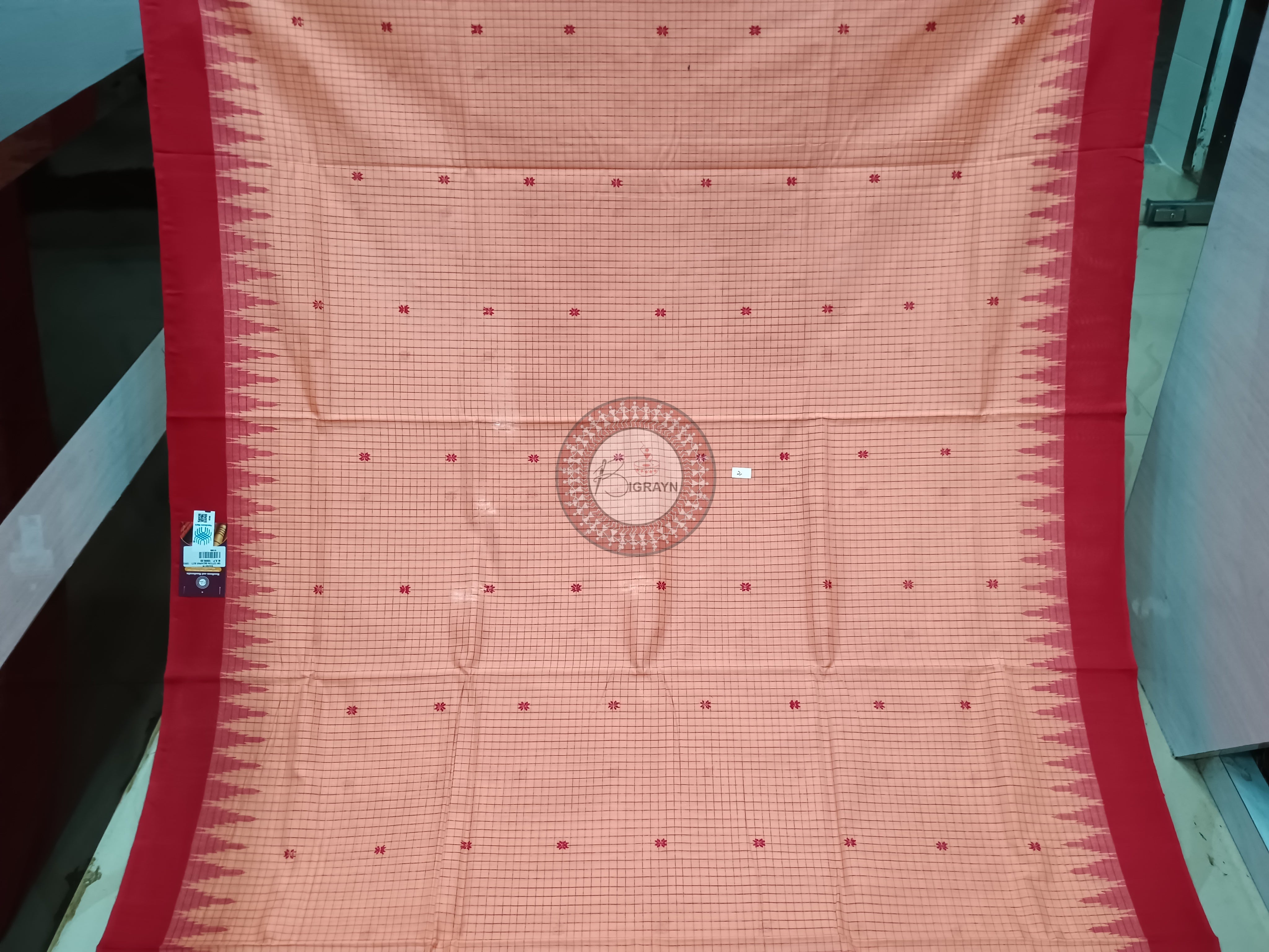 Peach Maroon Sachipar Buti Handloom Sambalpuri Cotton Saree