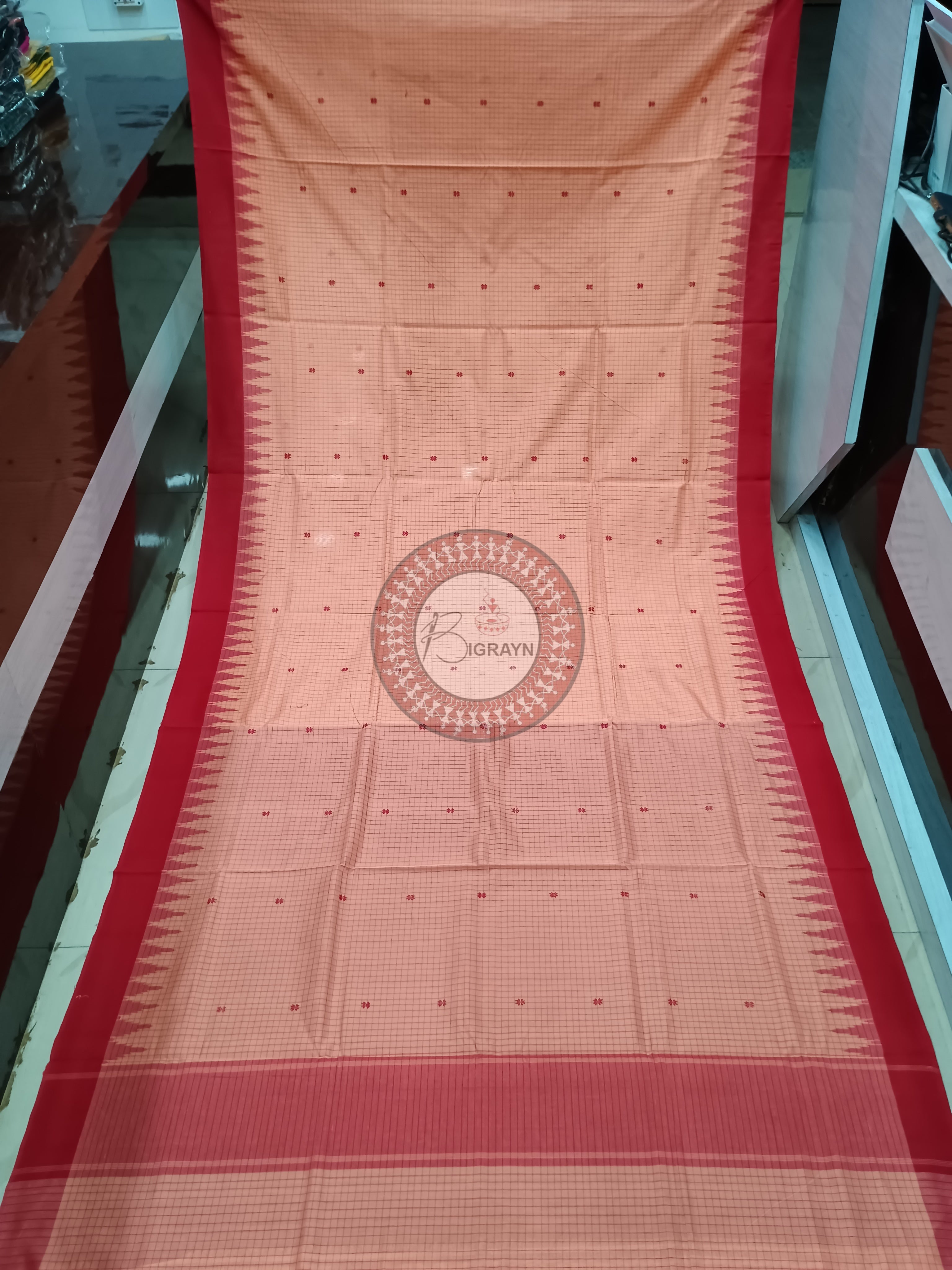 Peach Maroon Sachipar Buti Handloom Sambalpuri Cotton Saree