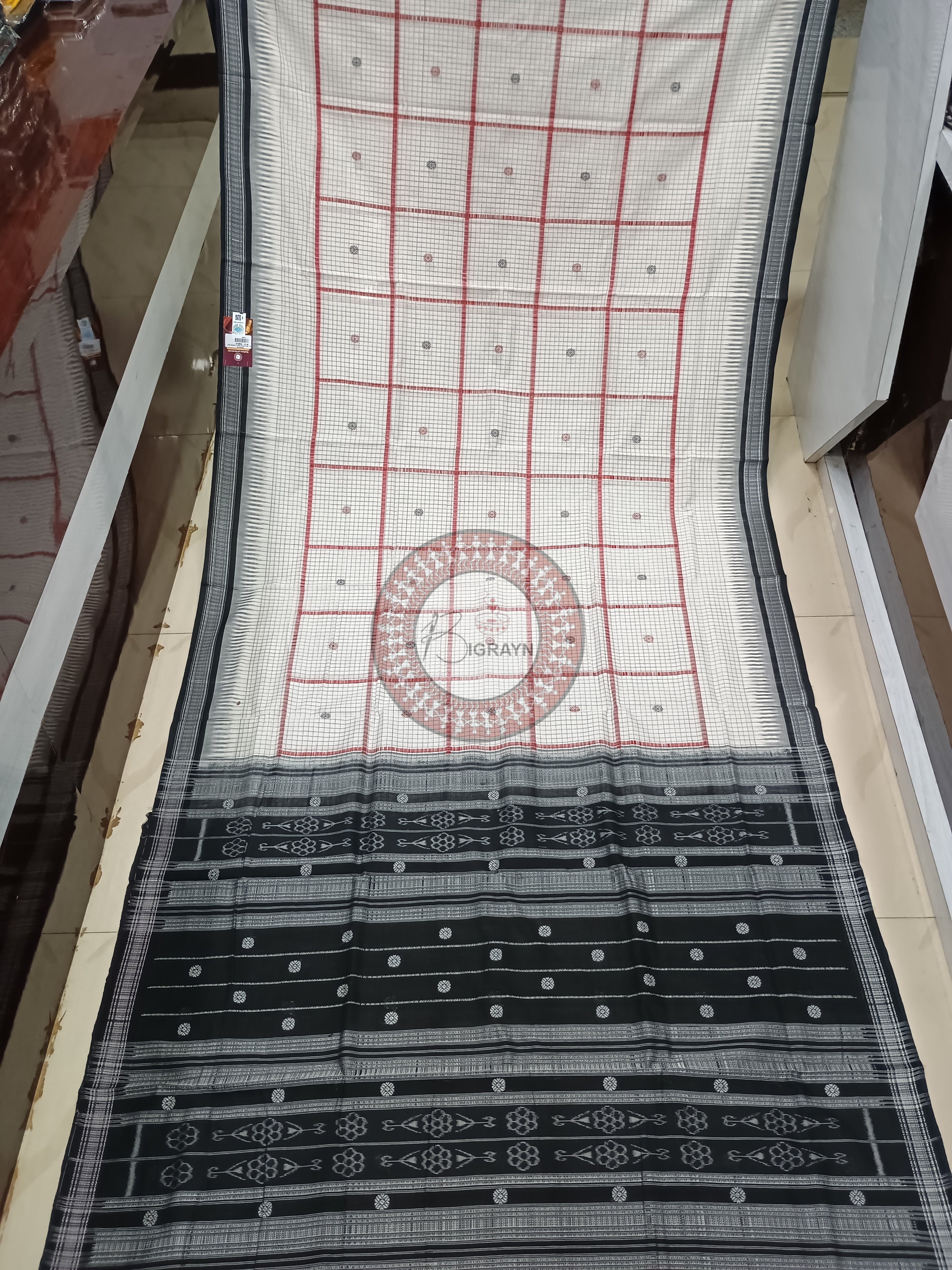 White Black Danti Checks Buti Handloom Sambalpuri Cotton Saree