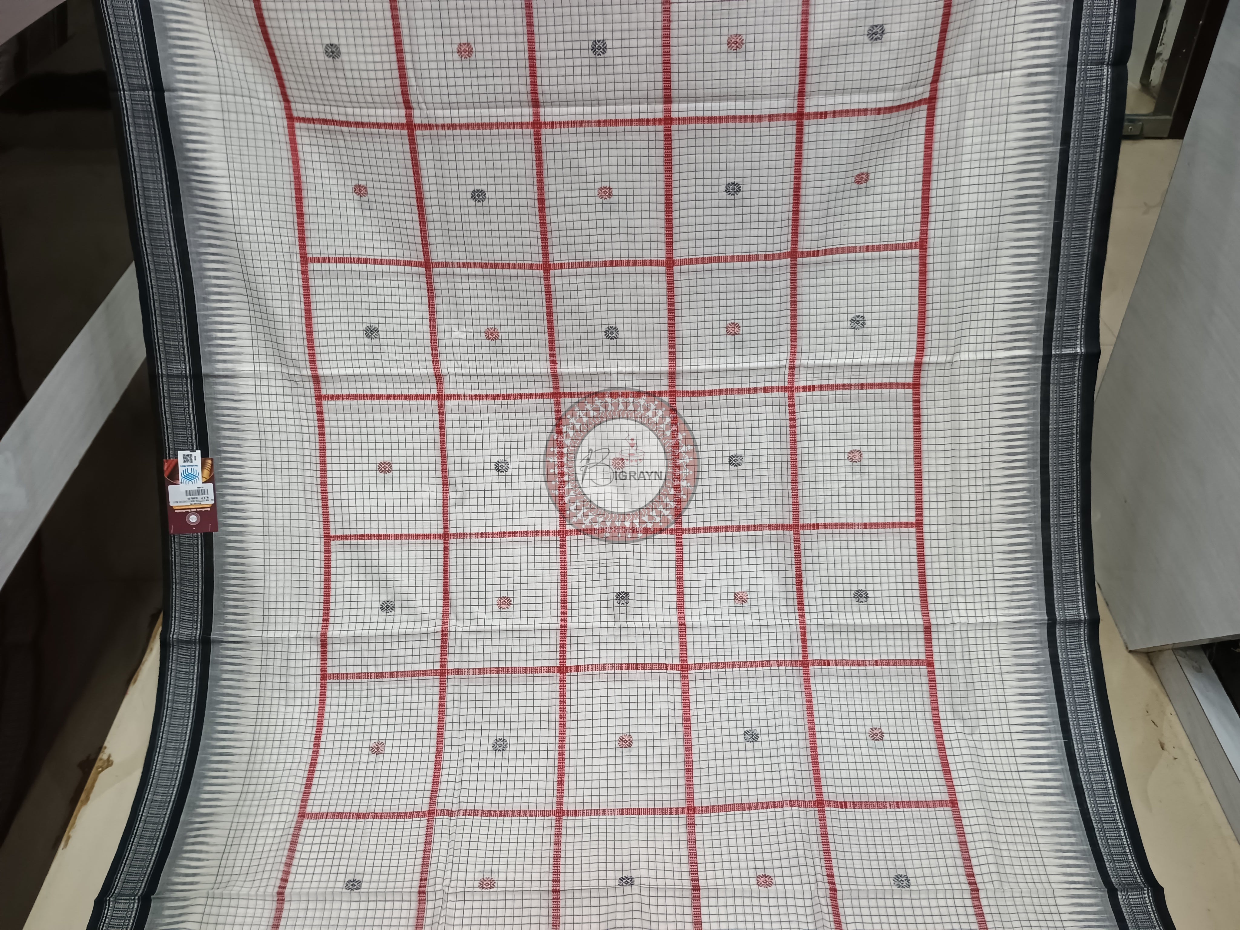 White Black Danti Checks Buti Handloom Sambalpuri Cotton Saree