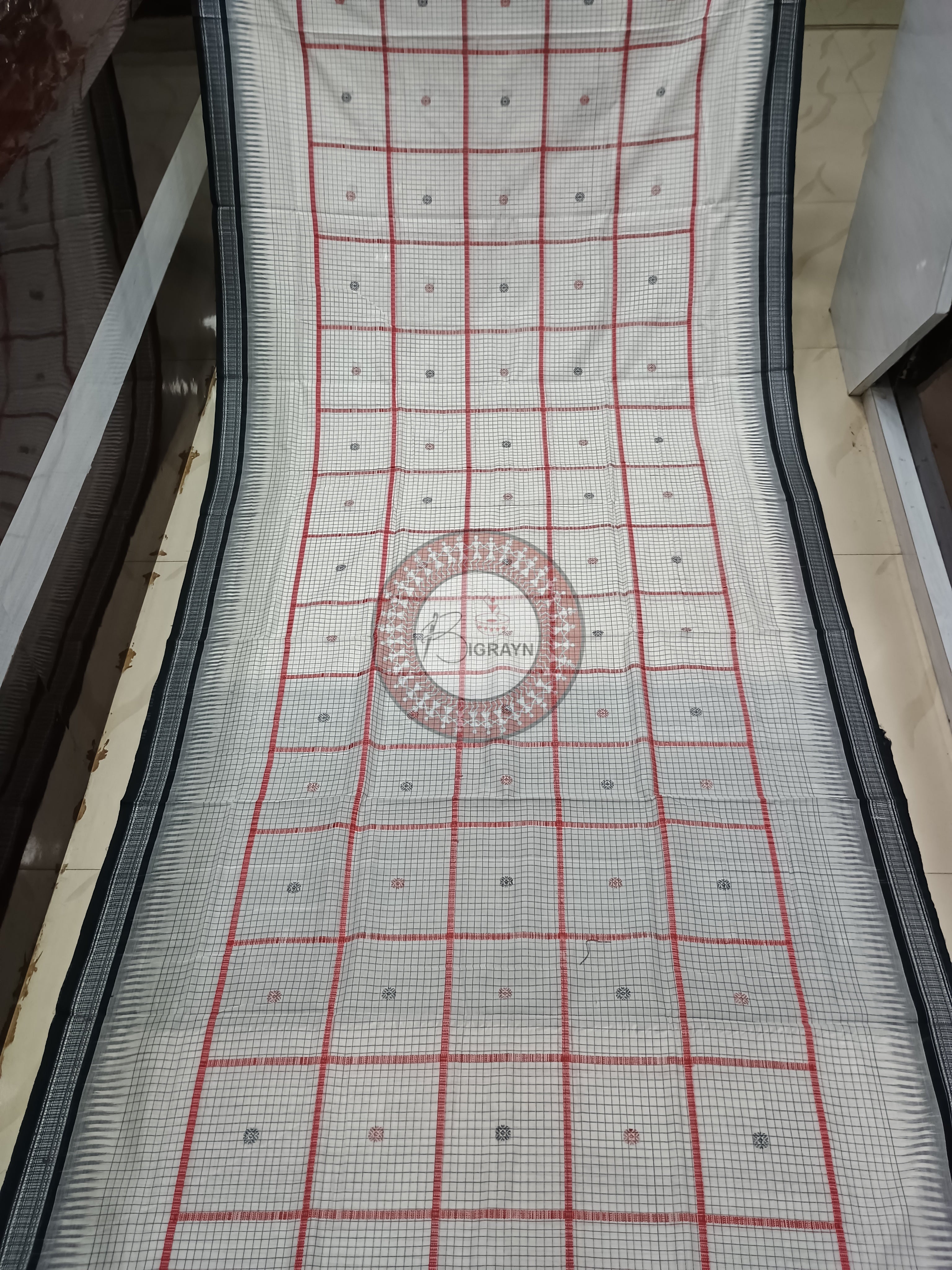White Black Danti Checks Buti Handloom Sambalpuri Cotton Saree
