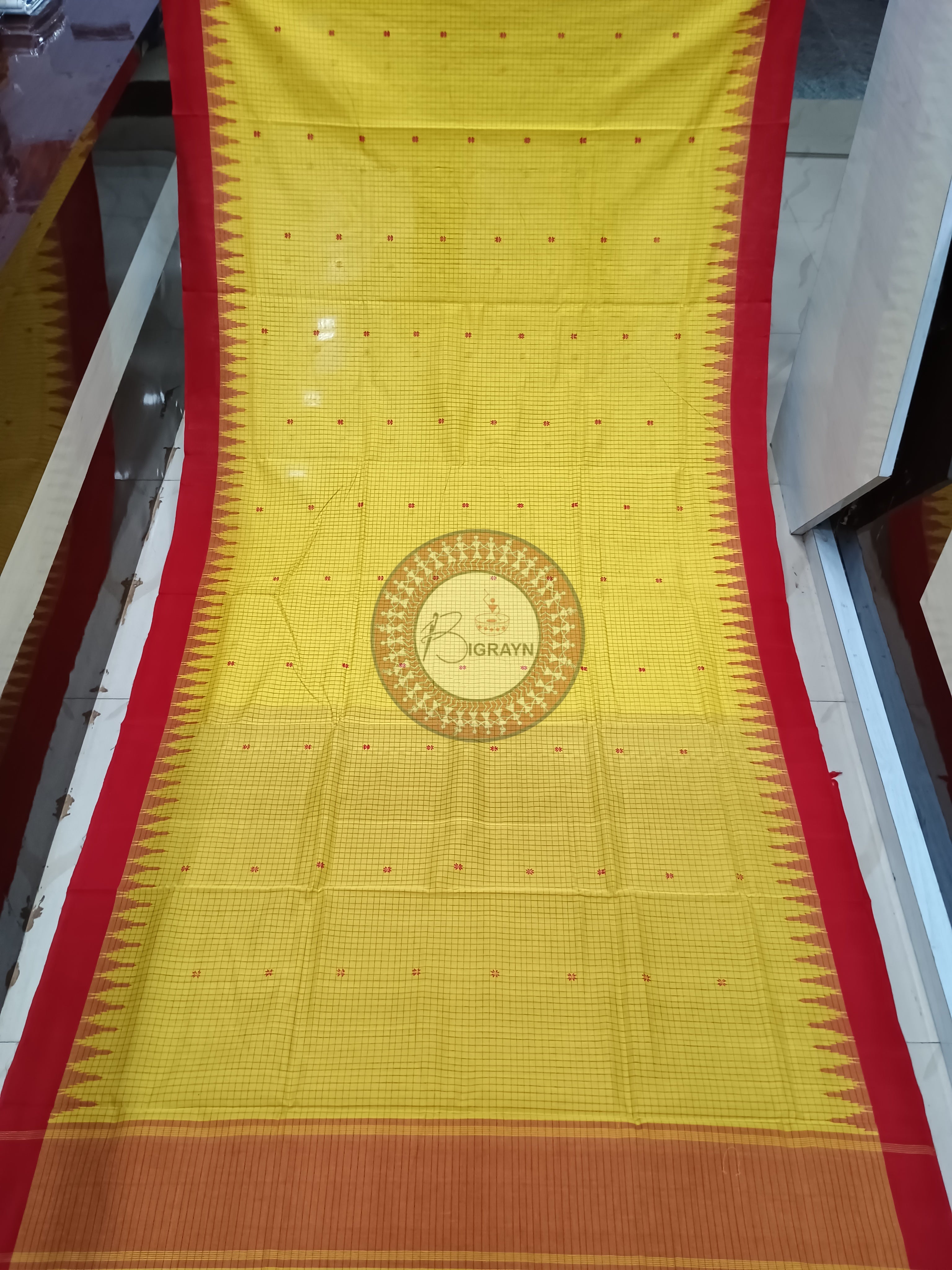 Yellow Maroon Sachipar Buti Handloom Sambalpuri Cotton Saree