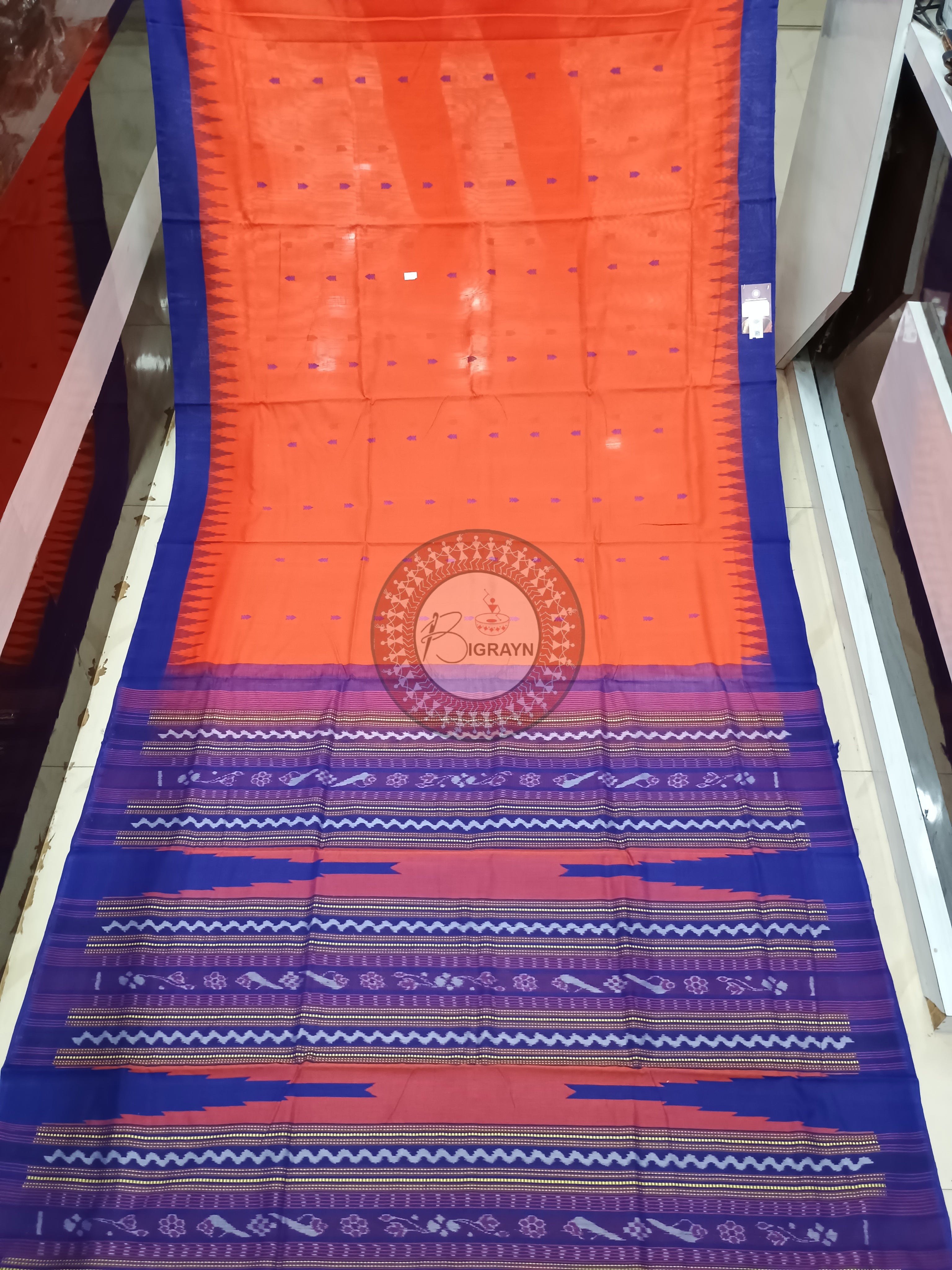 Orange Blue Sachipar Buti Handloom Sambalpuri Cotton Saree