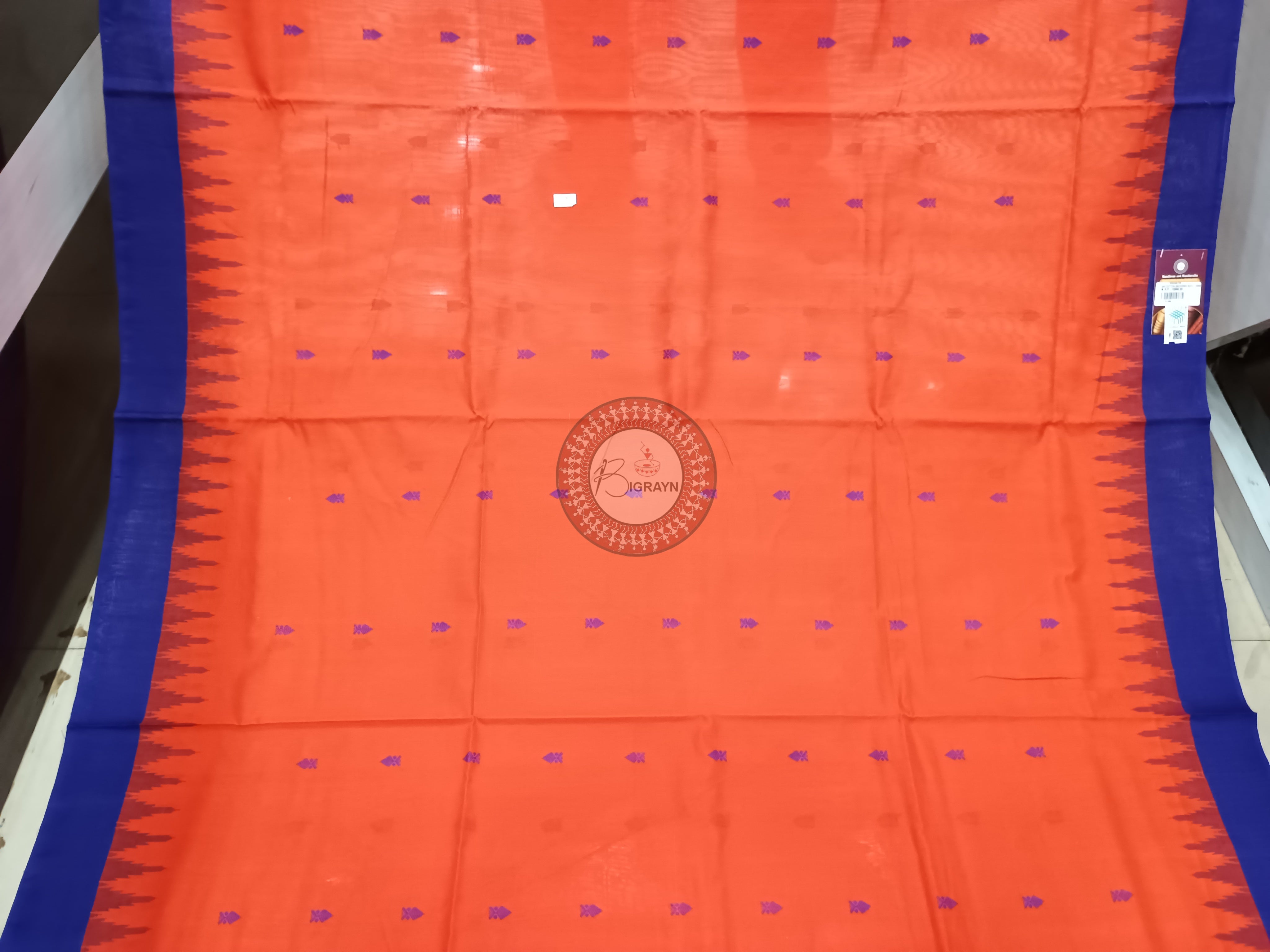 Orange Blue Sachipar Buti Handloom Sambalpuri Cotton Saree