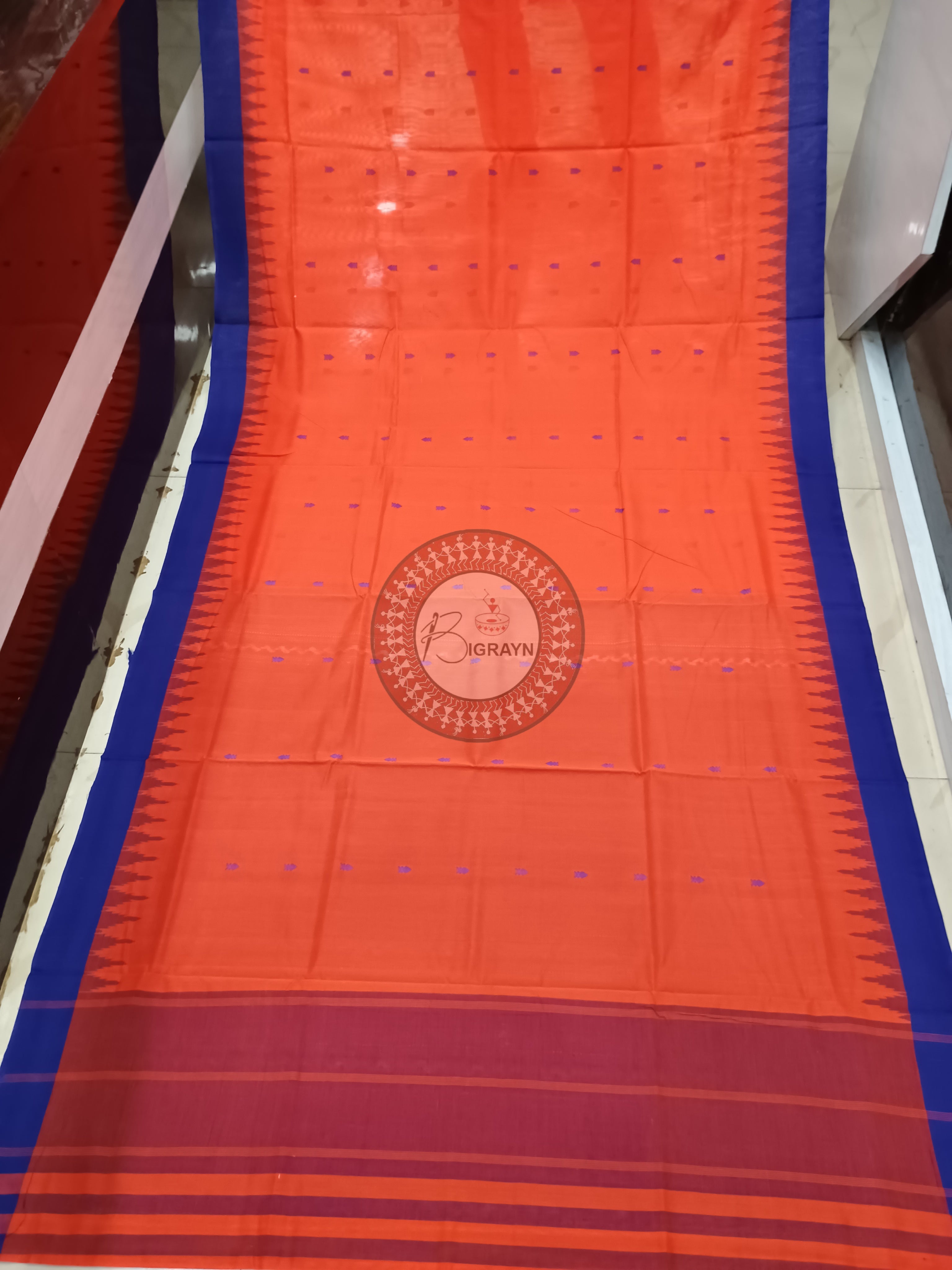 Orange Blue Sachipar Buti Handloom Sambalpuri Cotton Saree