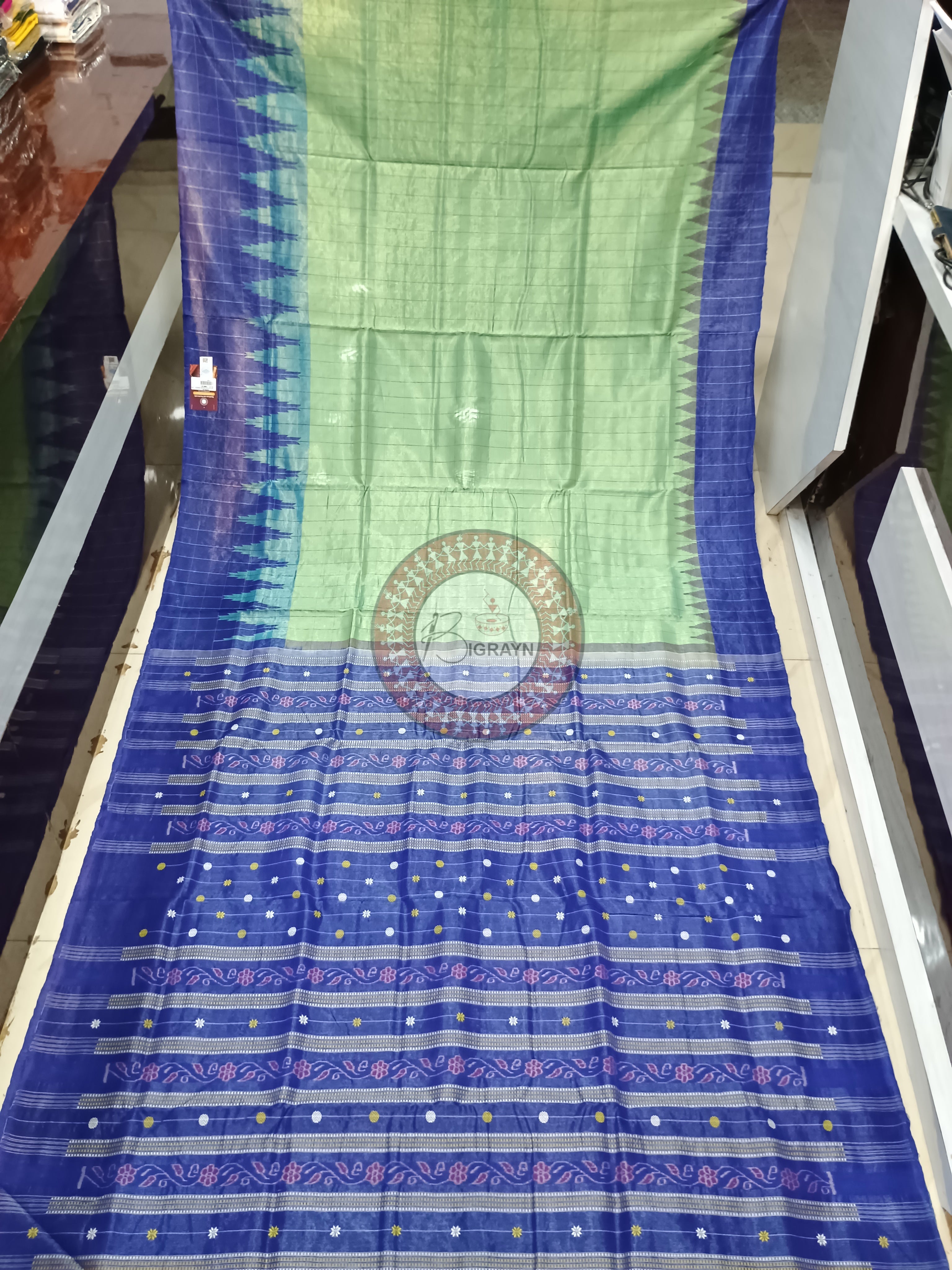 Sea Green Navy Blue Checks Border Handloom Sambalpuri Cotton Saree