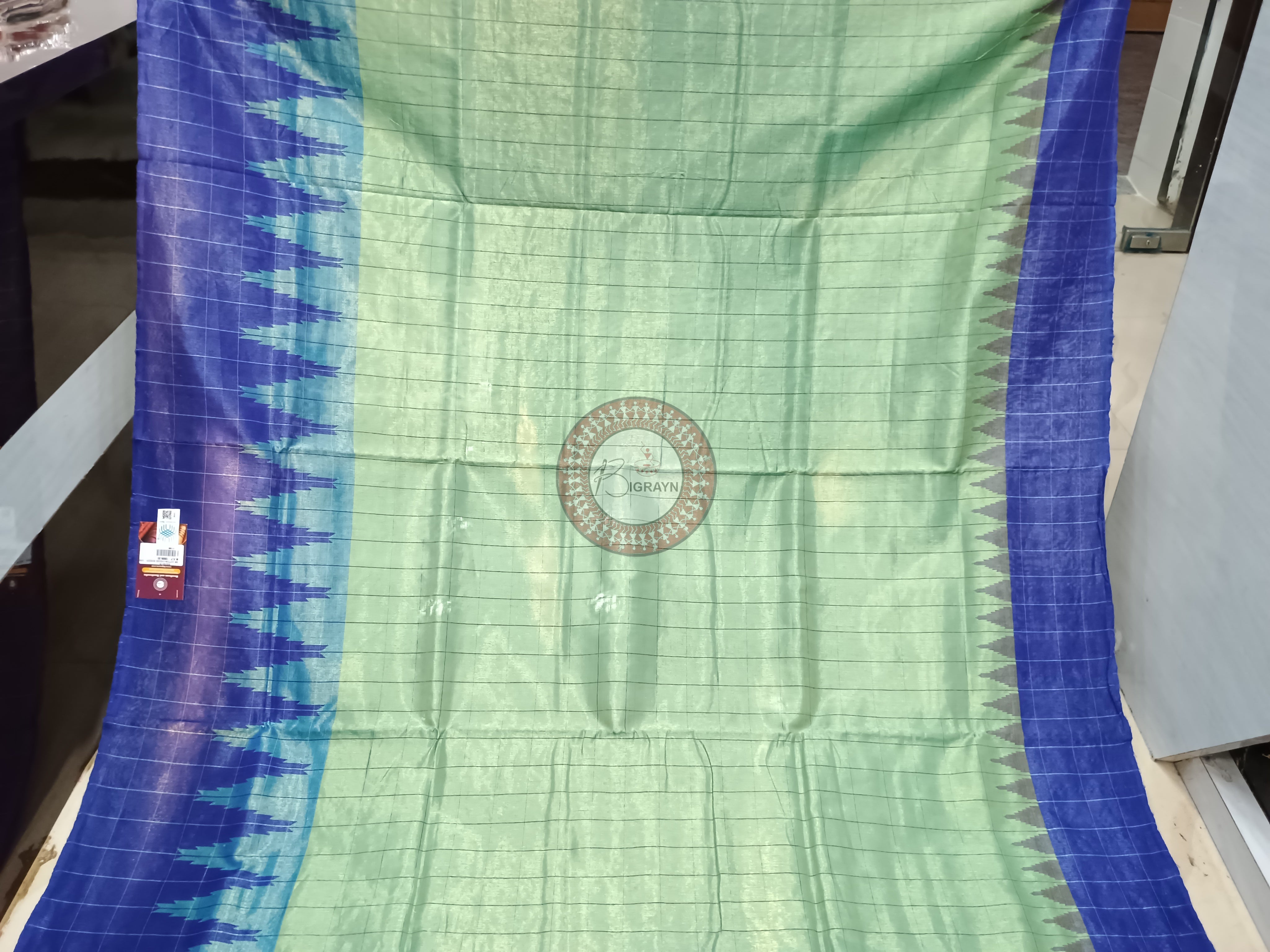 Sea Green Navy Blue Checks Border Handloom Sambalpuri Cotton Saree