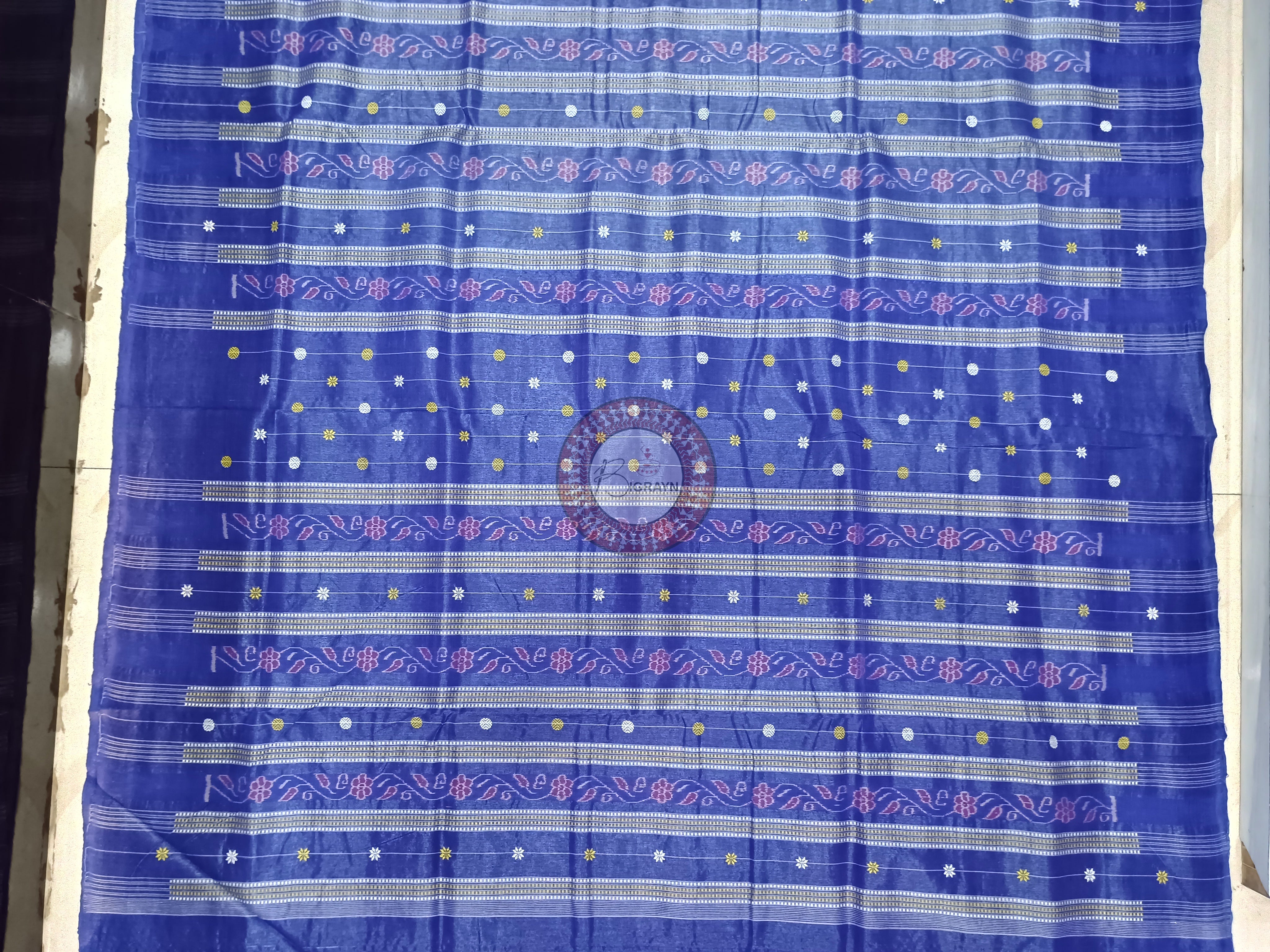 Sea Green Navy Blue Checks Border Handloom Sambalpuri Cotton Saree