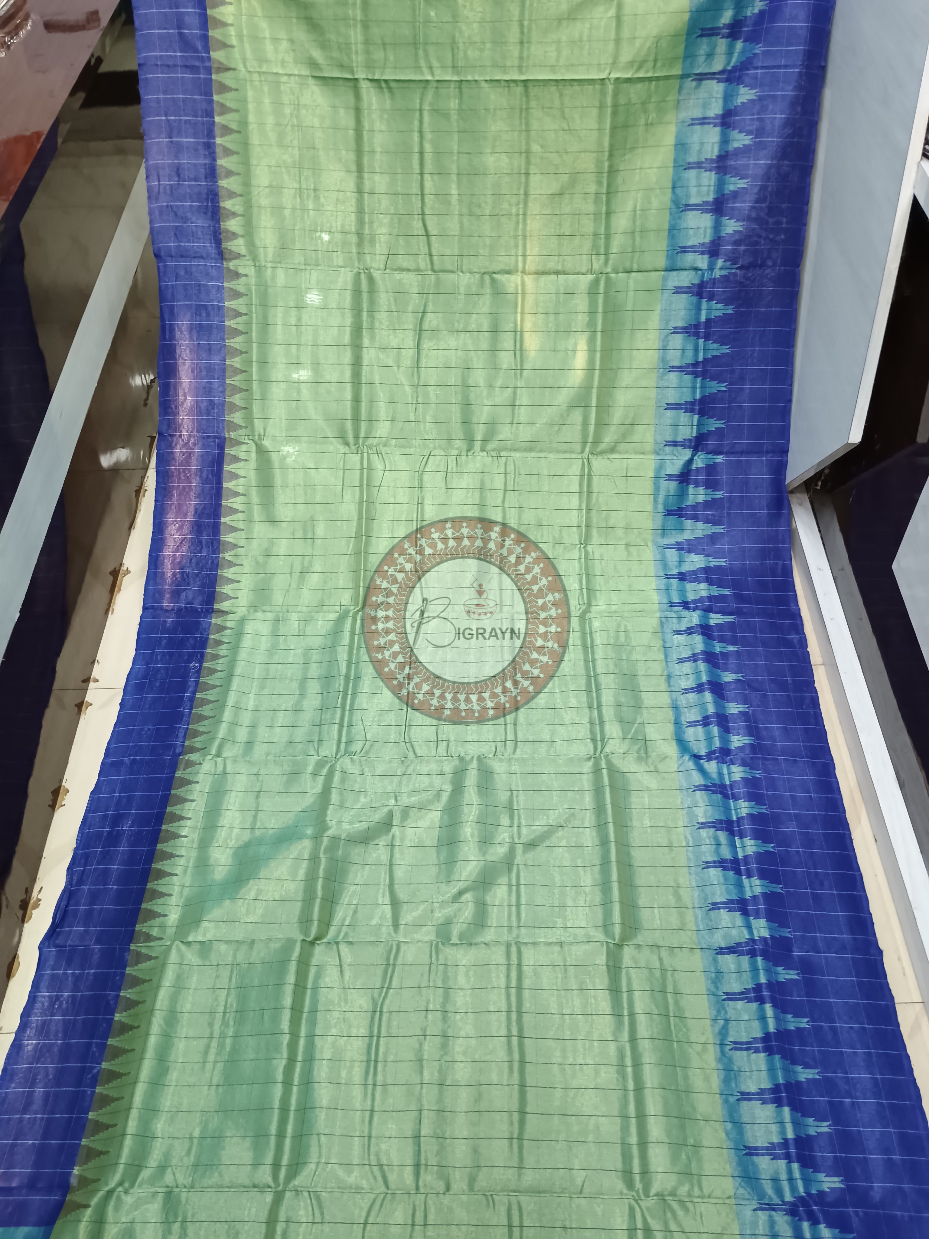 Sea Green Navy Blue Checks Border Handloom Sambalpuri Cotton Saree
